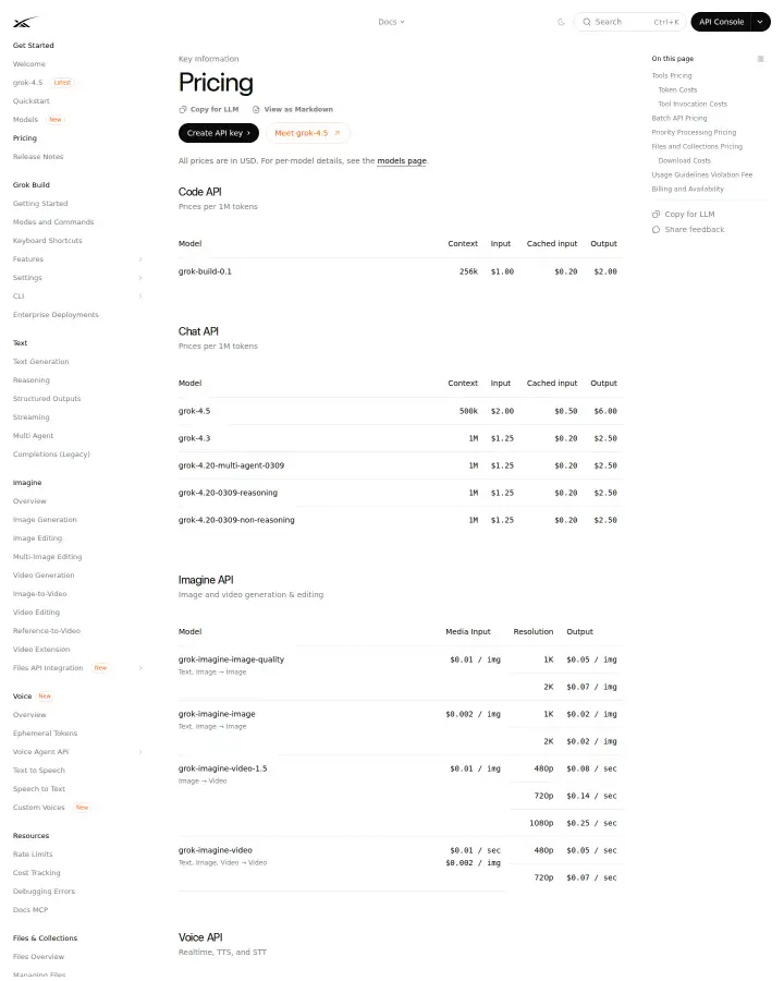 xAI api-pricing, captured Jul 14, 2026