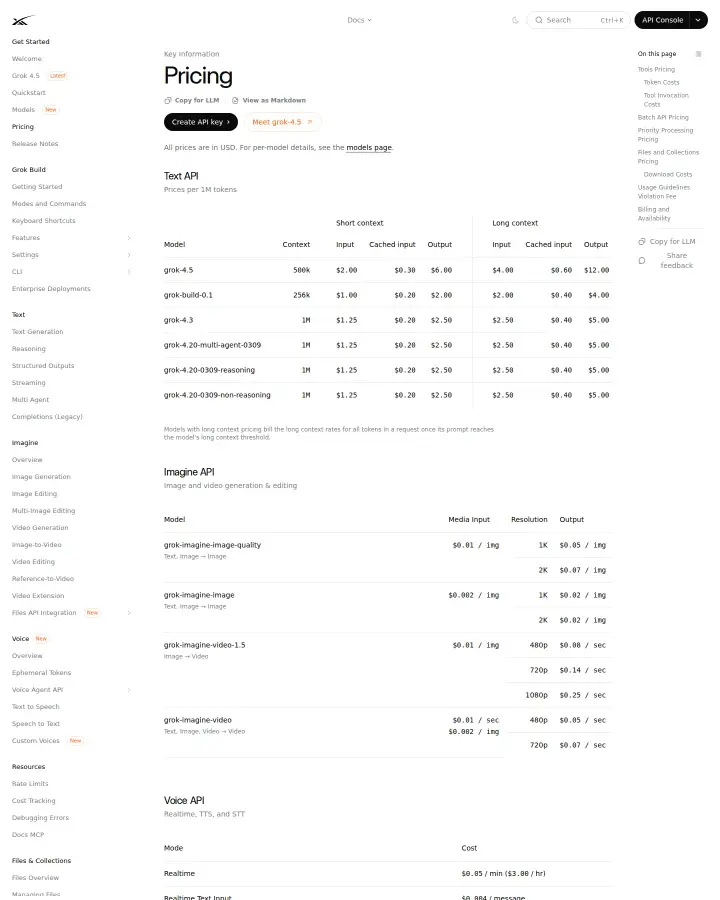 xAI api-pricing, captured Jul 21, 2026
