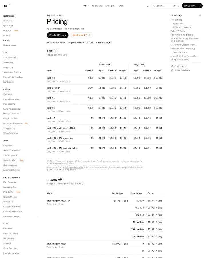 xAI api-pricing, captured Sep 22, 2026