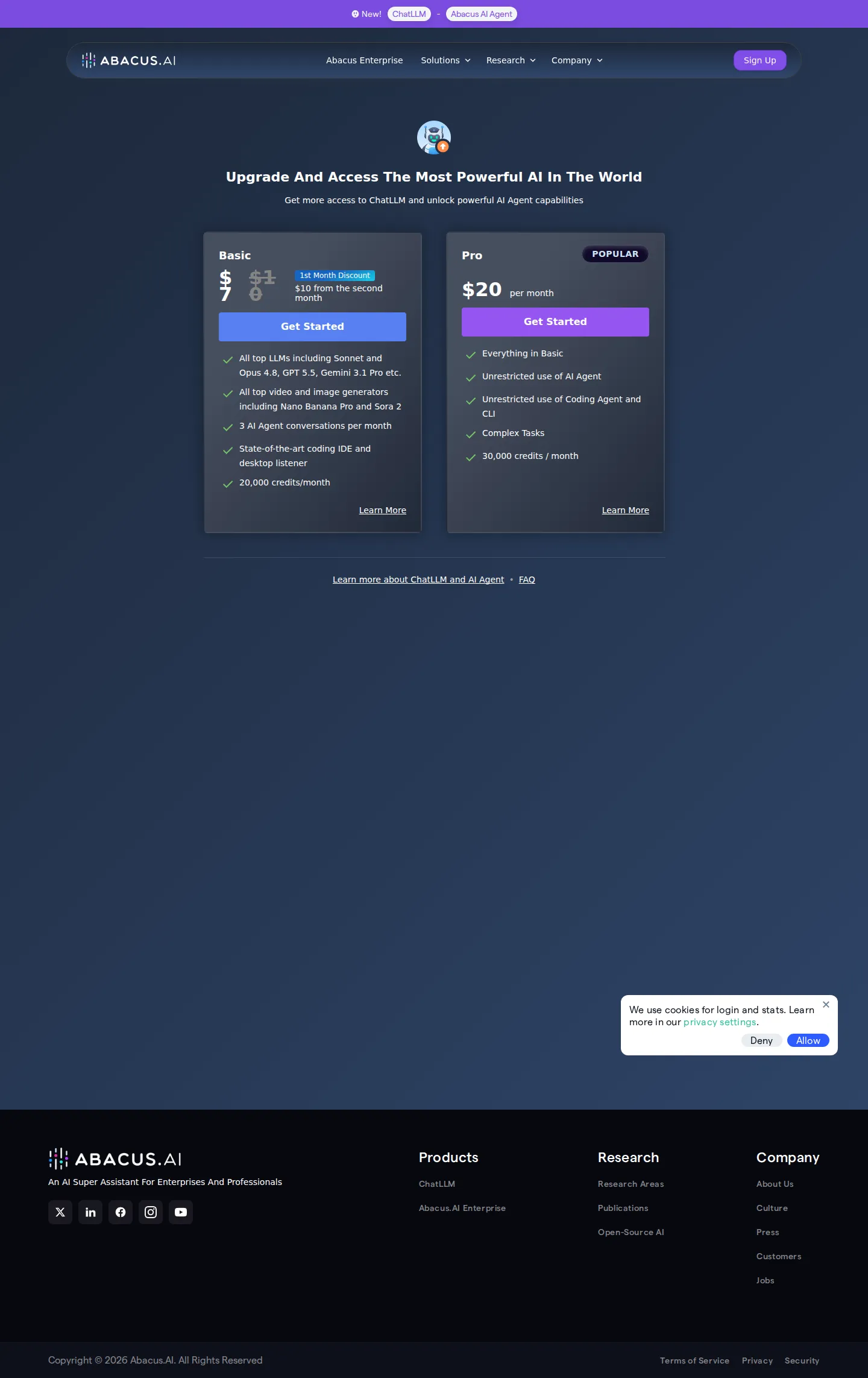 Basic gains $7 first-month; Pro credits 25,000 to 30,000; AI Agent rename - The live pricing page shows Basic at $7 for the first month then $10/month (20,0