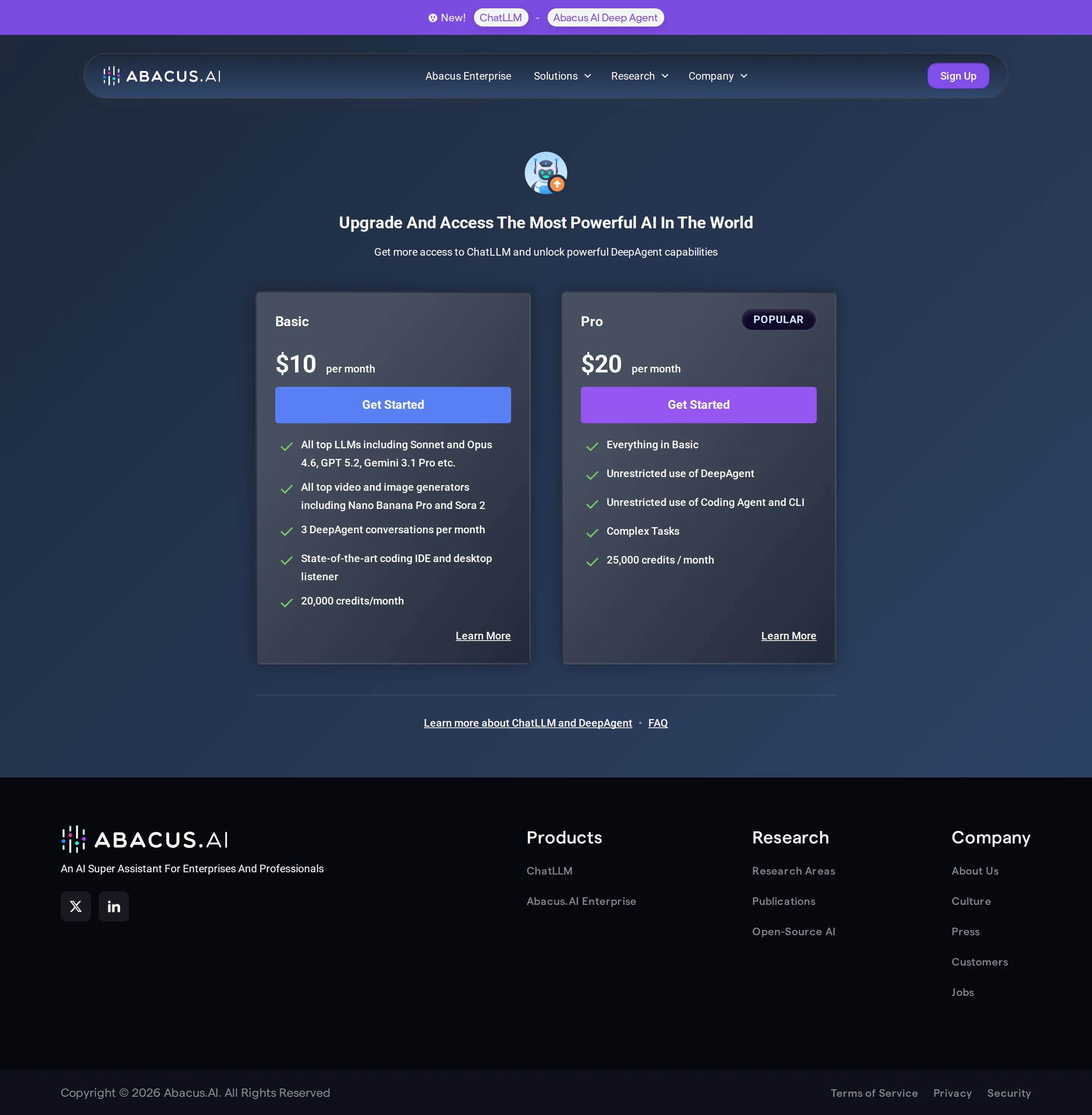 Dedicated /pricing page: Basic $10, Pro $20 (25,000 credits) - The first archived snapshot of the standalone abacus.ai/pricing grid (2026-03) s