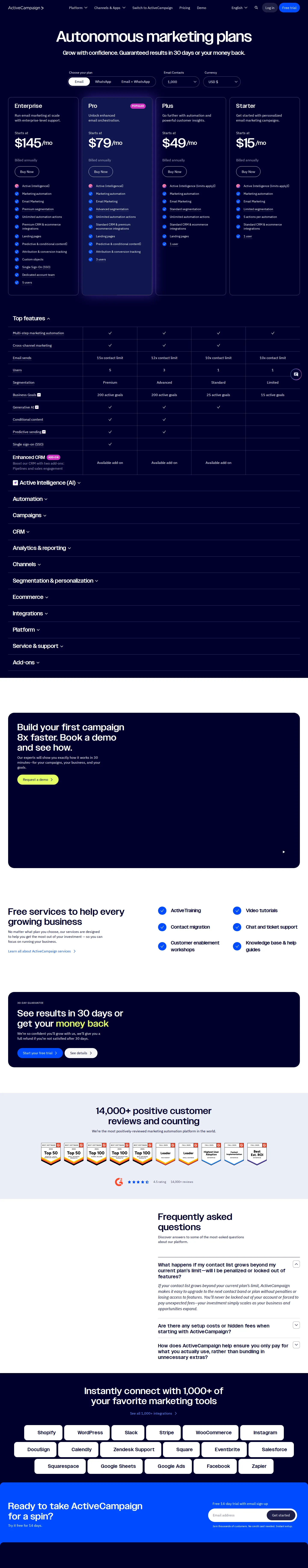 Contact-band tiers + parallel WhatsApp ladder captured - Email plans Starter $15 / Plus $49 / Pro $79 / Enterprise $145 per month (1,000 