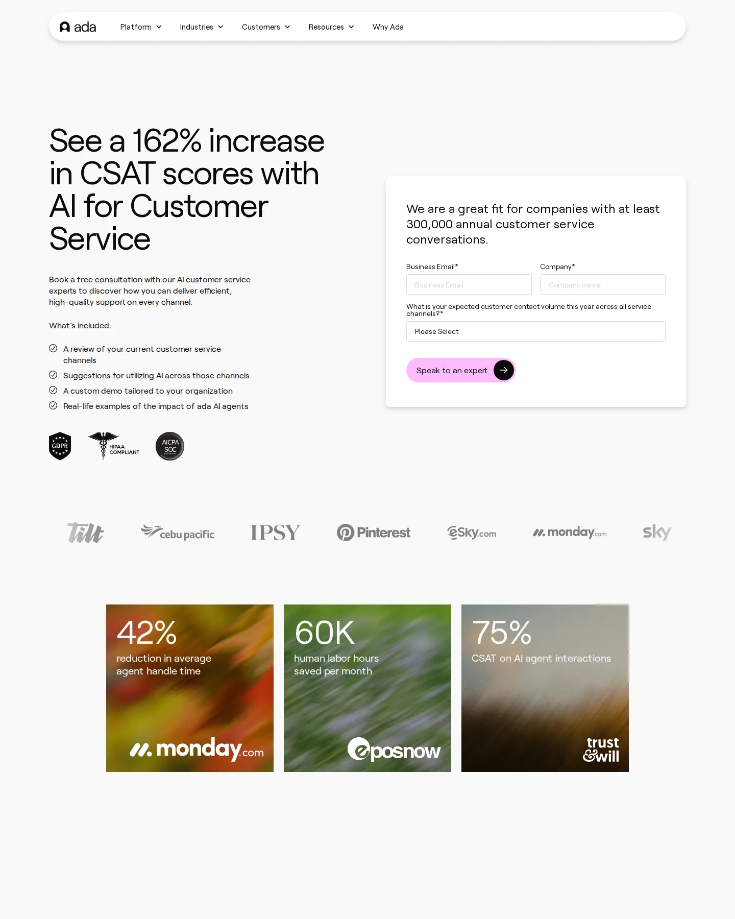 Pricing page is a sales-gated consultation form - Ada's /pricing surface now shows no price table or tiers — only a book-a-consult