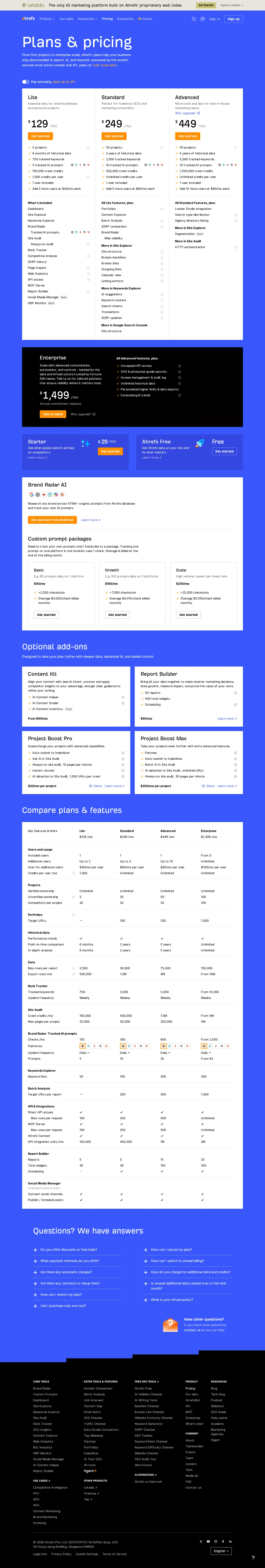 Current plan grid: Lite / Standard / Advanced / Enterprise - Ahrefs lists Lite $129/mo, Standard $249/mo, Advanced $449/mo, and Enterprise fr