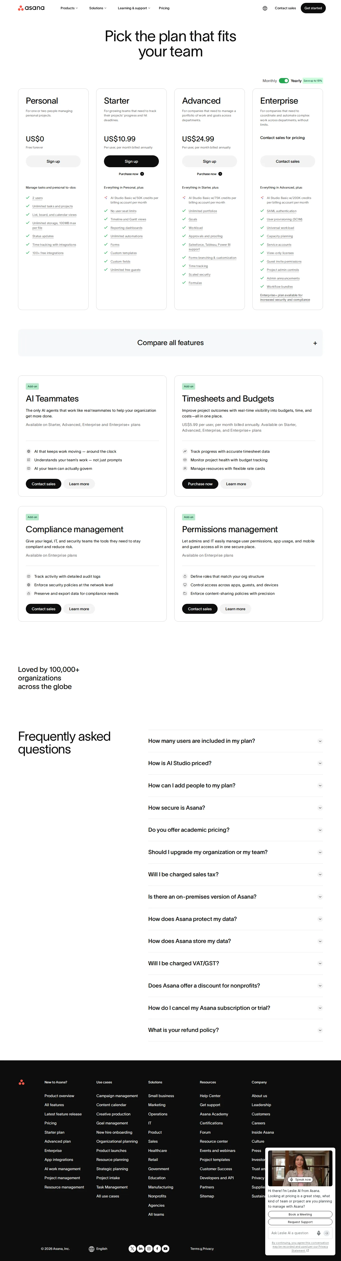 Current state: seat ladder plus AI Studio credit add-on with explicit per-tier bundled credits - Current UsagePricing capture of Asana's pricing: Personal free (2 users), Starte