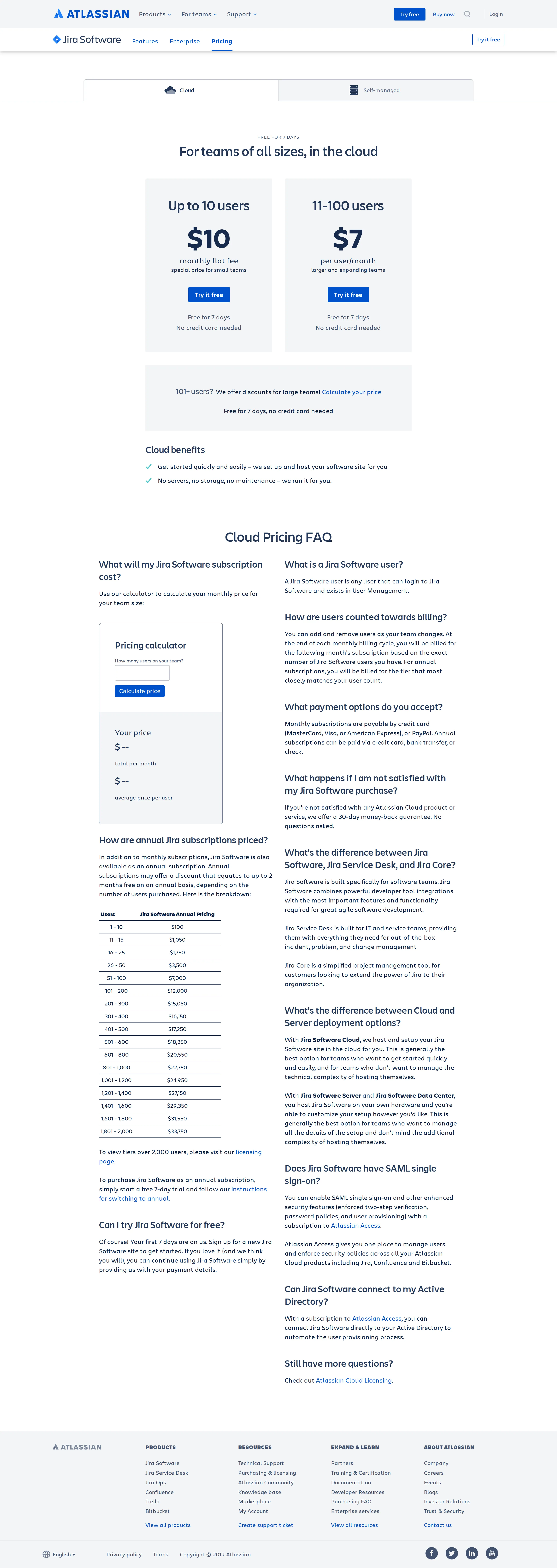 Baseline: flat/per-user Cloud pricing, no free tier - Jira Cloud priced at a flat $10/month for up to 10 users and $7/user/month for 1