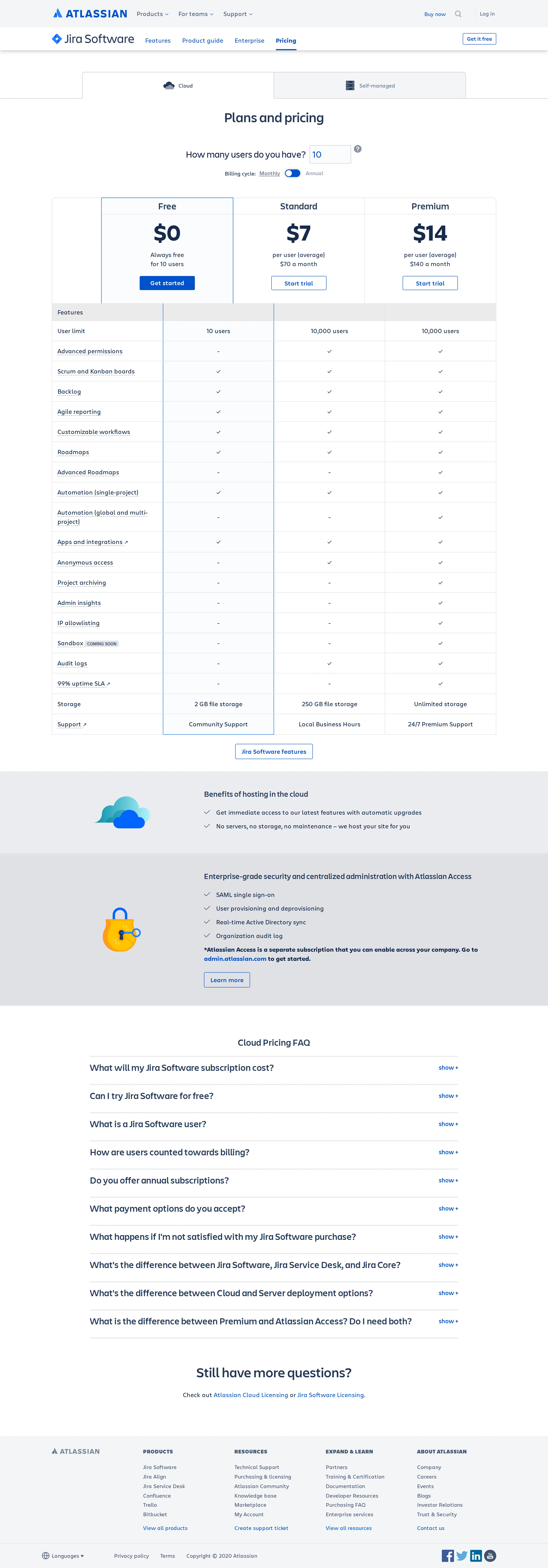 Free/Standard/Premium three-tier ladder replaces the flat model - By September 2020 Jira Cloud had moved to a Free (10 users)/Standard ($7/user av