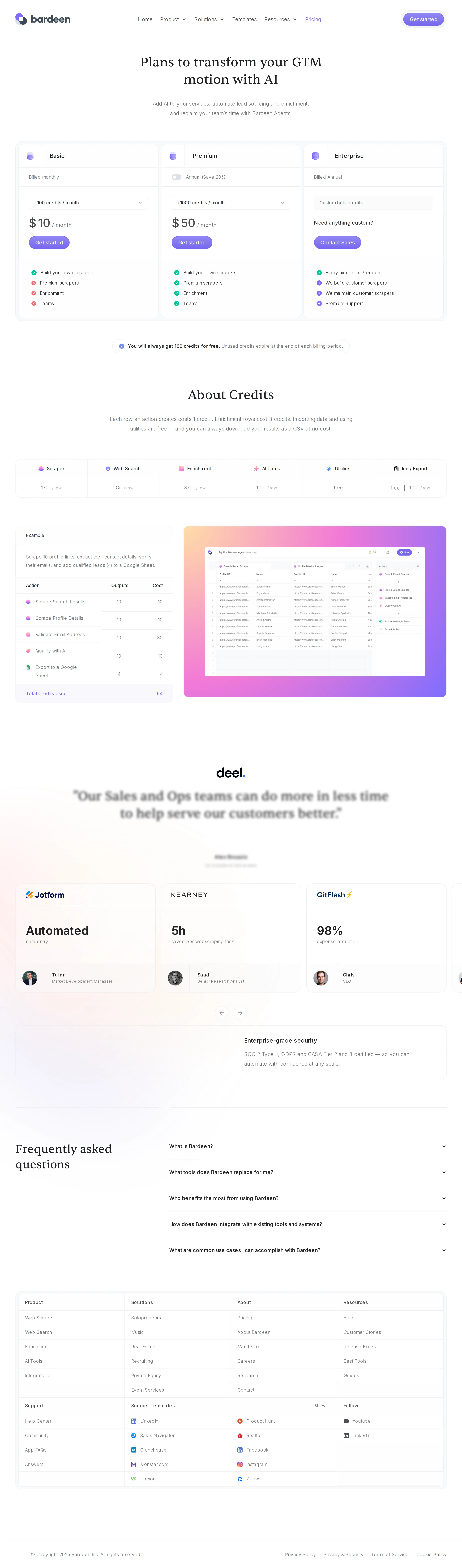 Self-serve reset — Basic $10 / Premium $50 with row-based credits - The $99–$1,500 GTM tiers disappear; pricing resets to Basic $10/month (+100 cred