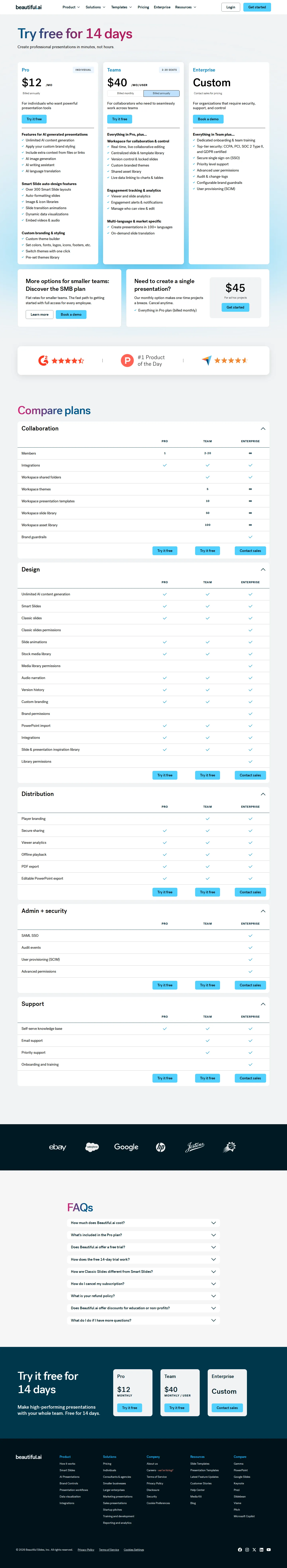Current shape: $12 Pro / $40 Team / quoted Enterprise + $45 one-off - Live pricing: Pro $12/mo/user (billed annually), Team $40/mo/user annual or $50/