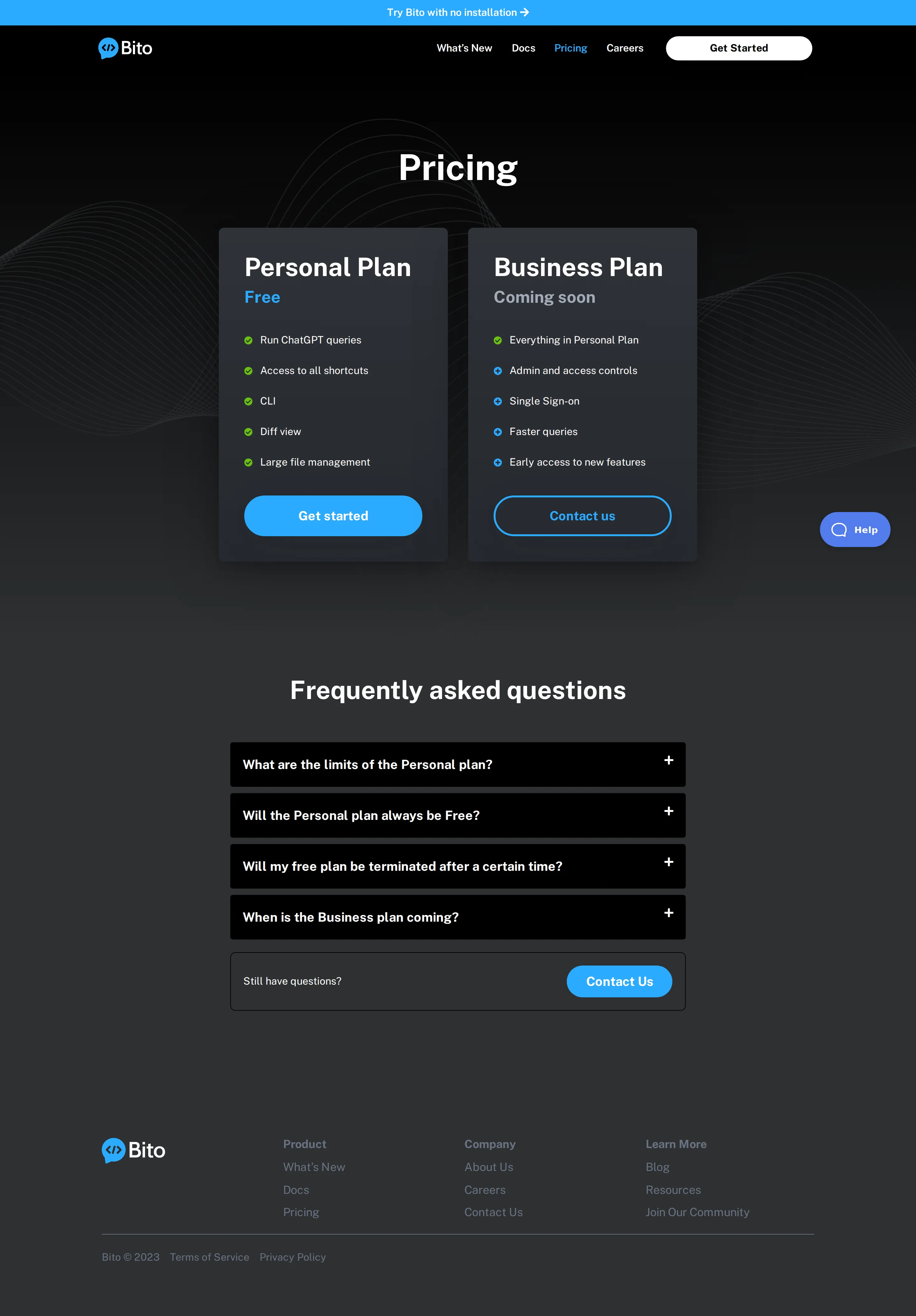 Free IDE assistant, Business plan 'coming soon' - Earliest archived pricing page (Wayback 2023-04-04) shows a single Personal Plan