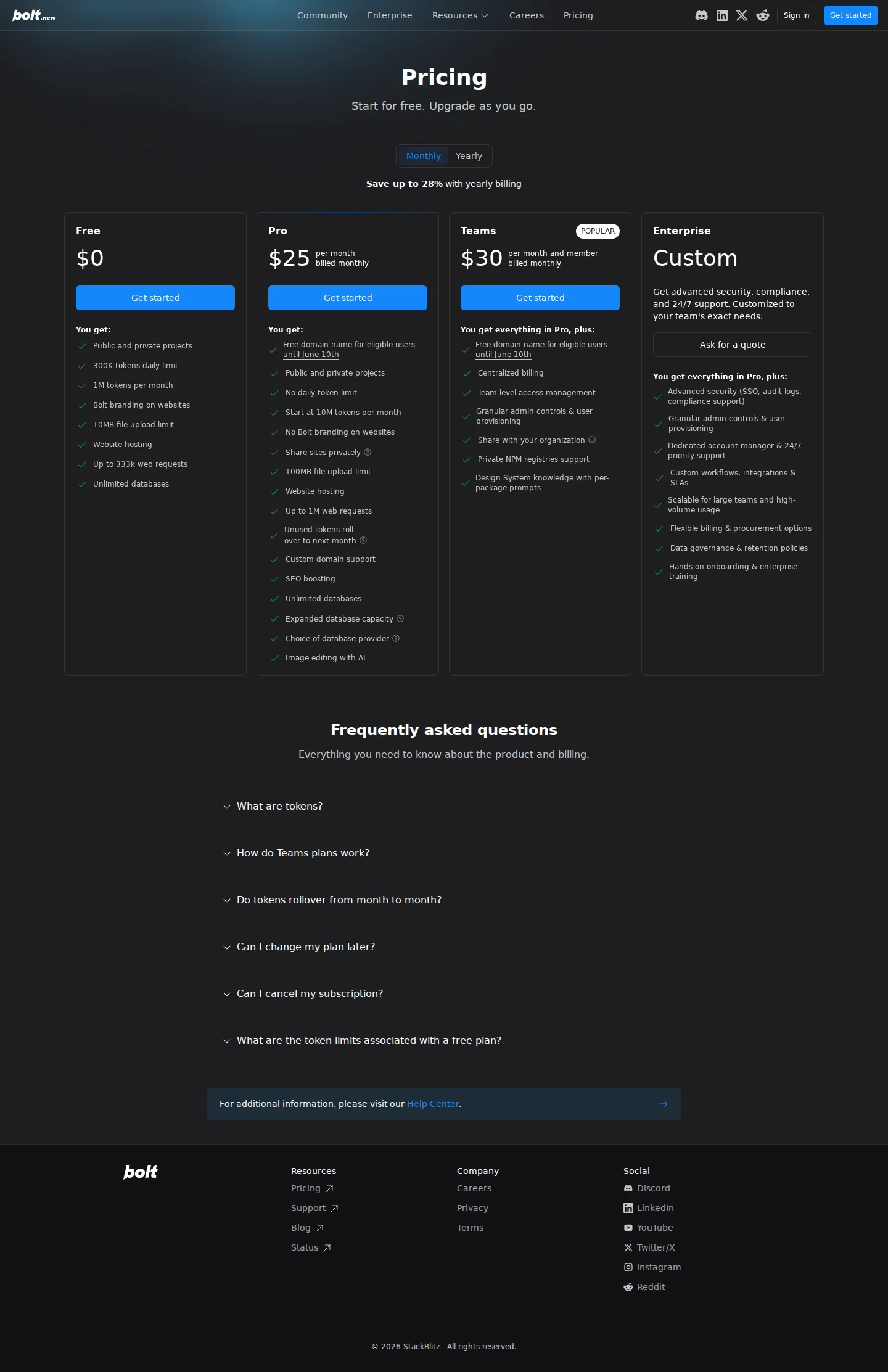 Current plan structure: Free / Pro / Teams / Enterprise - Four tiers. Free $0 (300K daily / 1M monthly tokens). Pro $25/mo ($18 billed yea