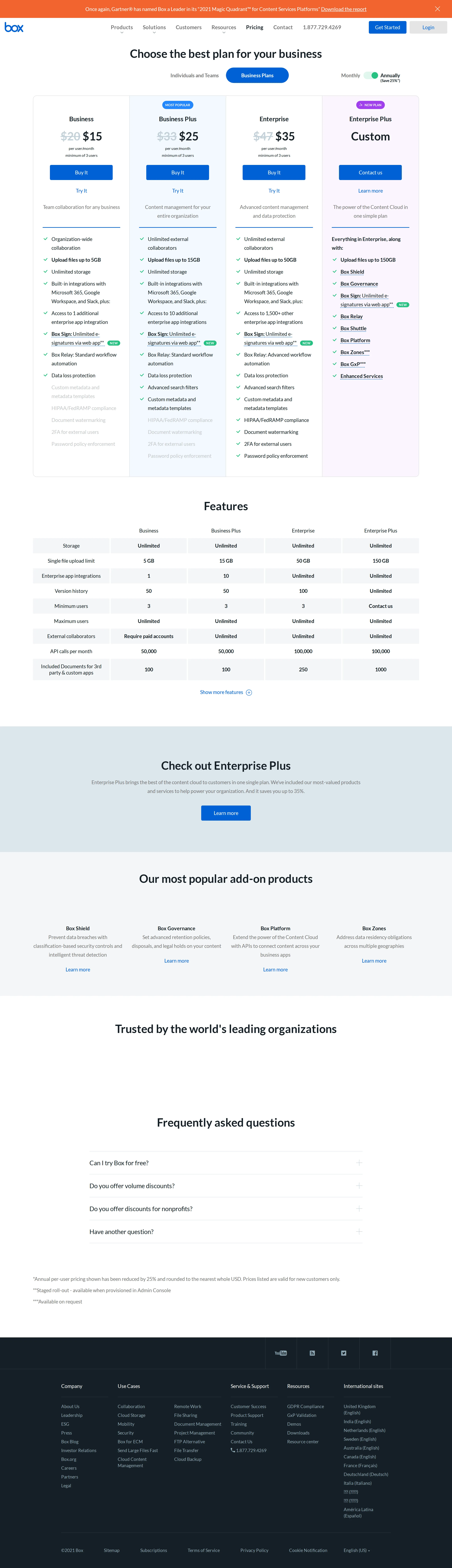 Earliest tracked pricing: four-tier Business ladder, Enterprise Plus quote-only - Earliest archived capture of box.com/pricing shows a four-tier Business ladder (