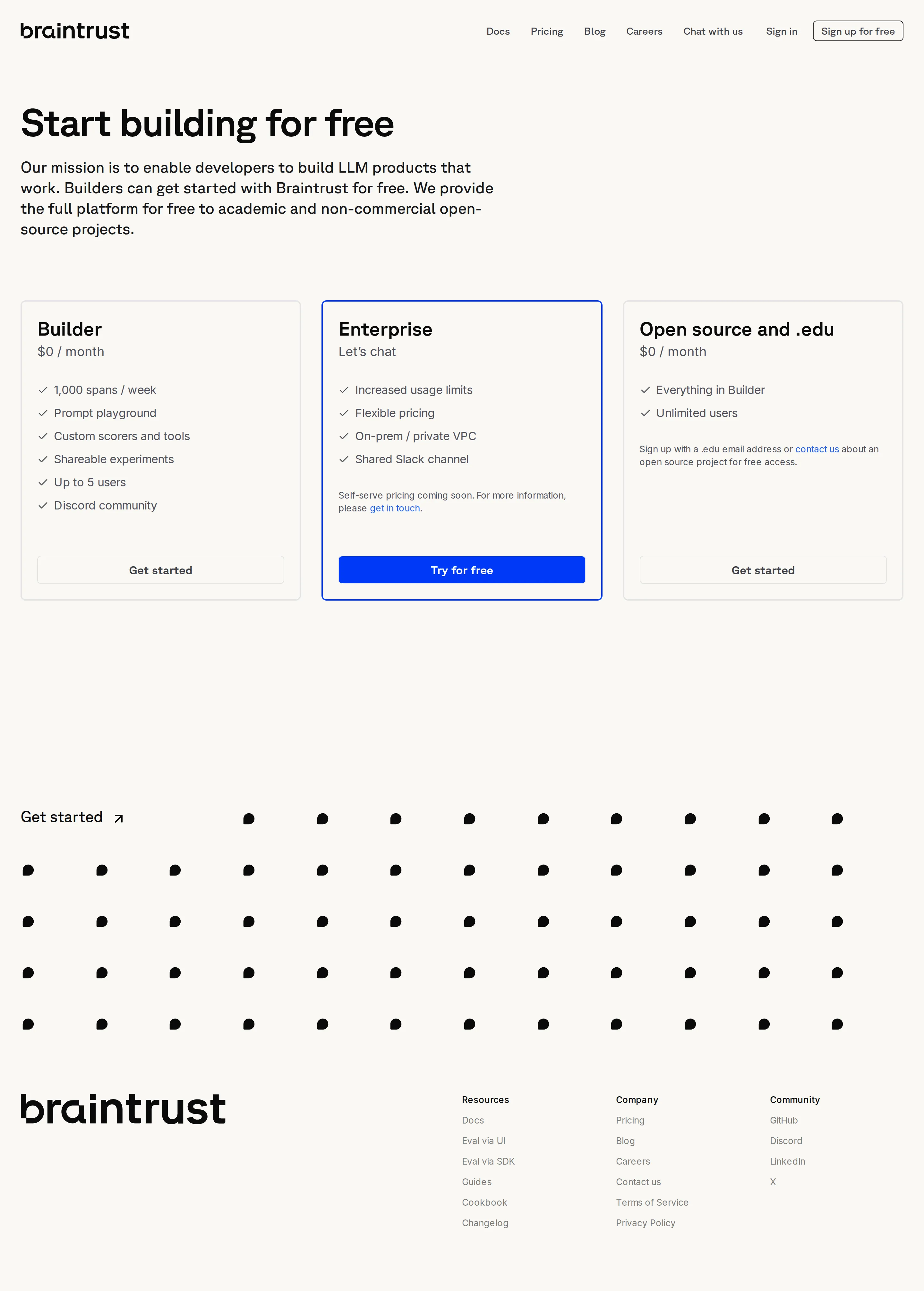 Builder + Enterprise; self-serve 'coming soon' - Earliest captured model: a free Builder tier (1,000 spans/week, up to 5 users) p