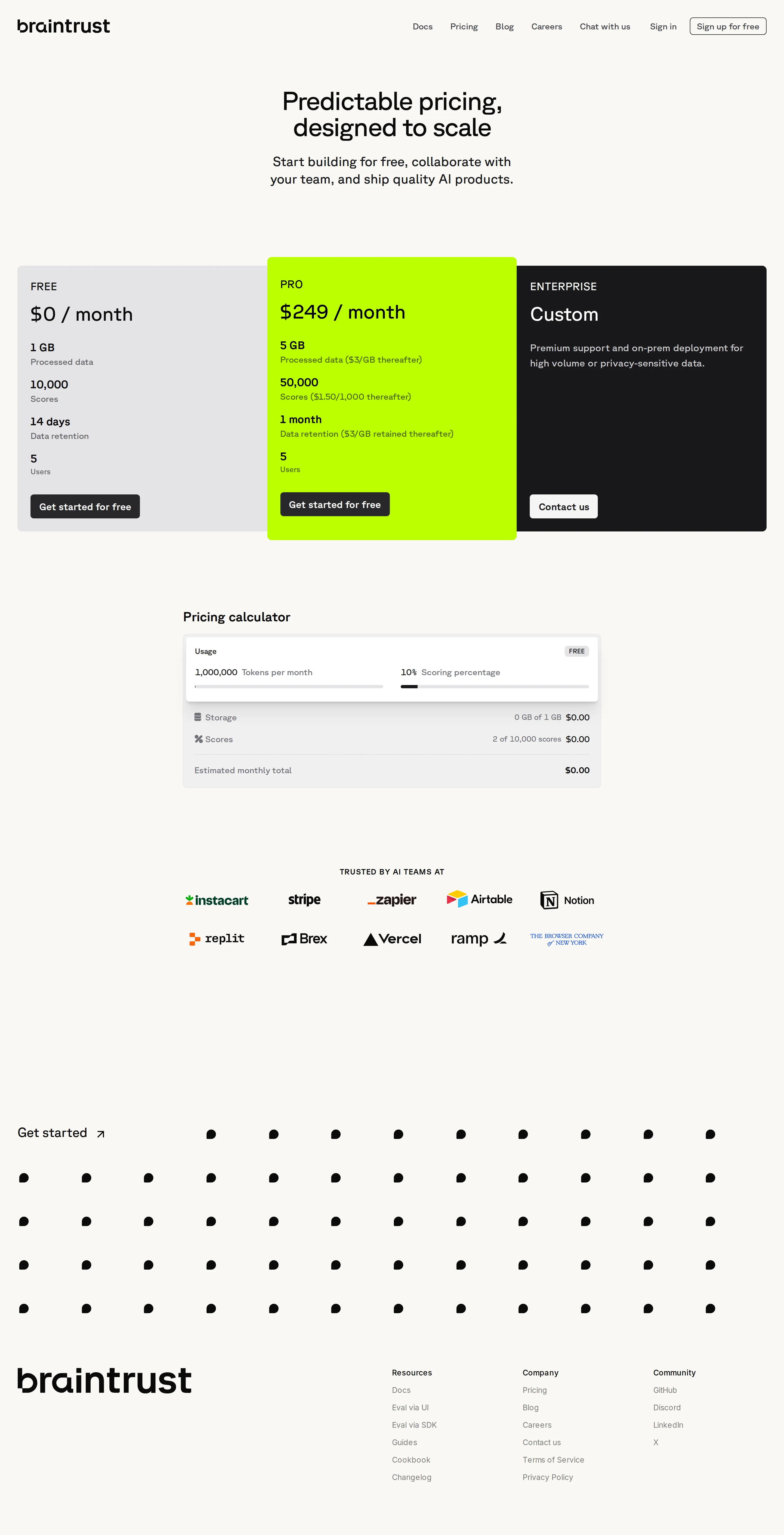 Self-serve Free + Pro ($249/mo) launches - Braintrust shipped self-serve pricing: Free ($0, 1 GB data, 10K scores, 14-day r