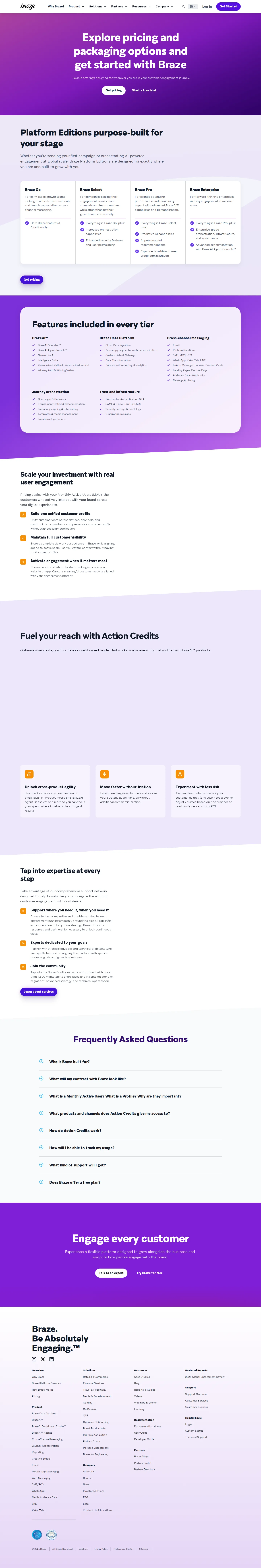 Four MAU-based Platform Editions + Action Credits (captured) - Braze markets four quote-only editions (Go, Select, Pro, Enterprise) priced on M