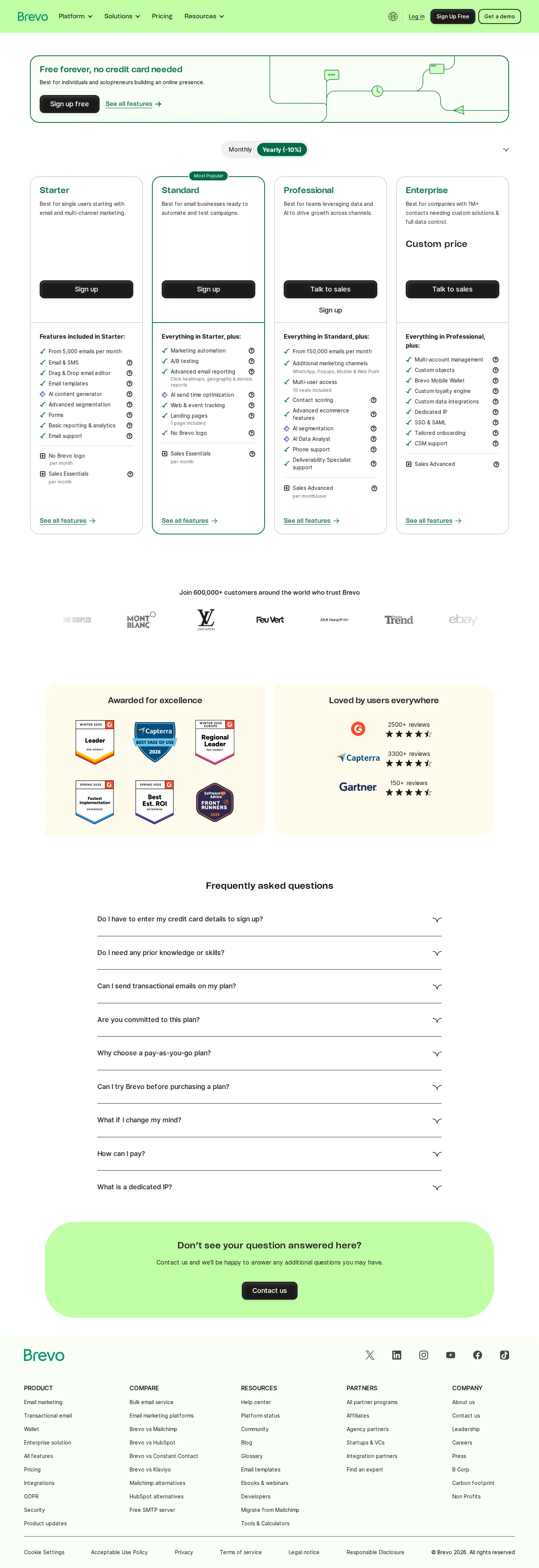 Current five-tier volume-priced lineup, AI bundled - As captured, Brevo's marketing platform runs across Free (300 emails/day), Start