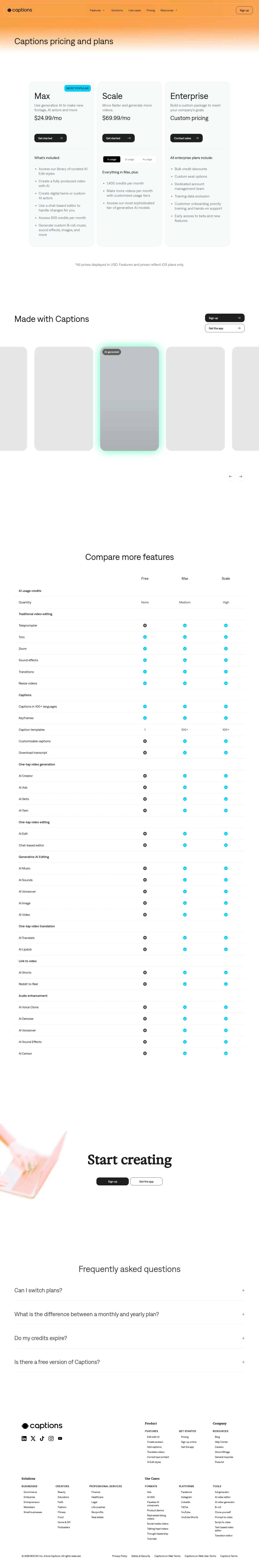 Pro $9.99 tier removed; lineup simplified to Free, Max, Scale, Enterprise - The $9.99/mo Pro tier (traditional editing + captions without AI credits) was re