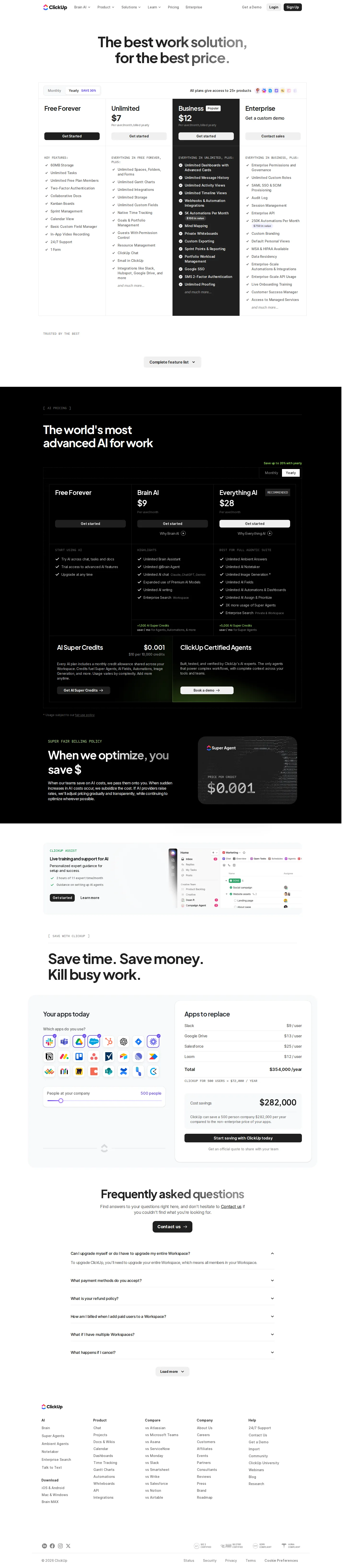 Current plan grid: Free / Unlimited / Business / Enterprise + AI add-on line - ClickUp's pricing page shows Free Forever ($0), Unlimited ($7/mo yearly, $10/mo 
