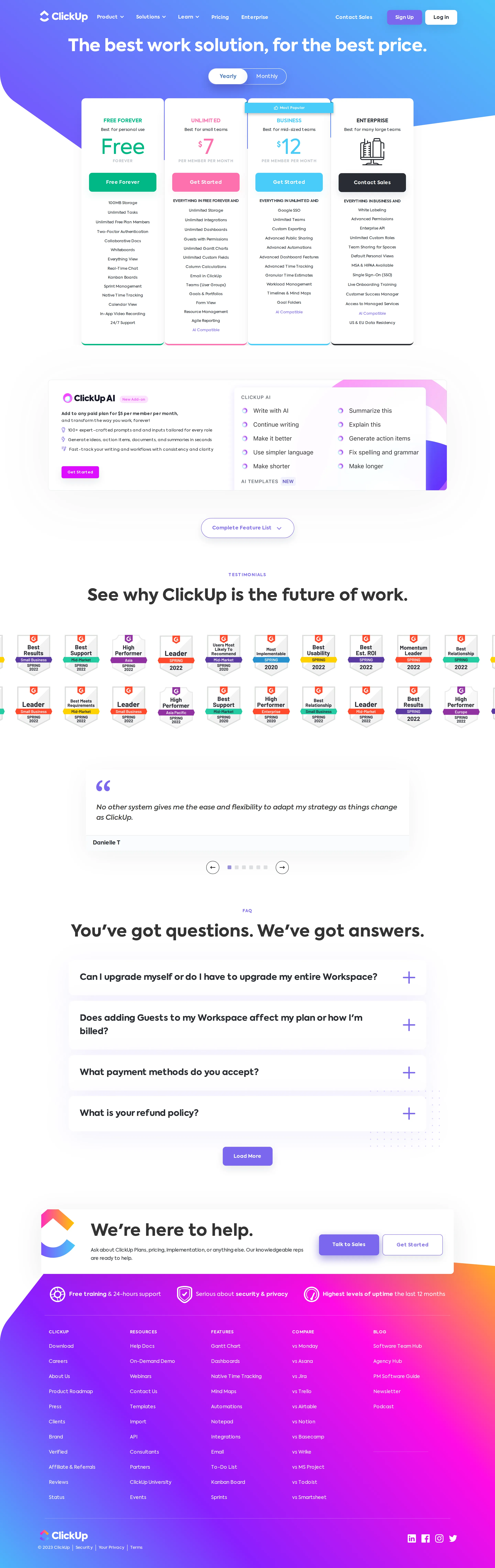 ClickUp AI launched at $5/mo; Unlimited raised to $7; Business Plus pulled from the public grid - Between the 2023-06-03 and 2023-08-04 Wayback snapshots, clickup.com/pricing add