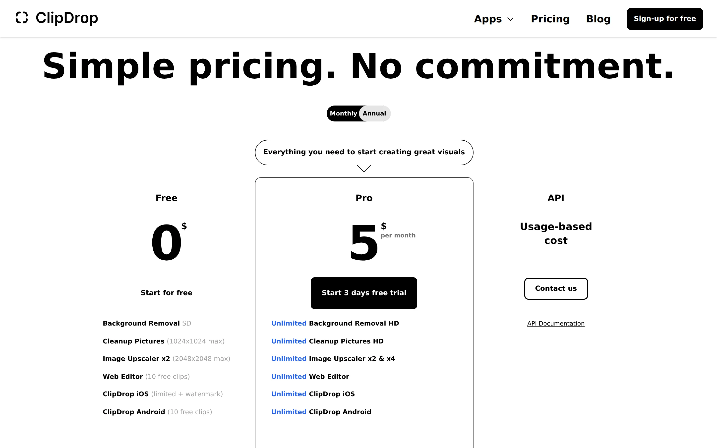 Pro at $5/mo (US render); API pay-as-you-go from $0.40/image - An archived US-IP render of clipdrop.co/pricing shows Pro at $5/mo with a 3-day 