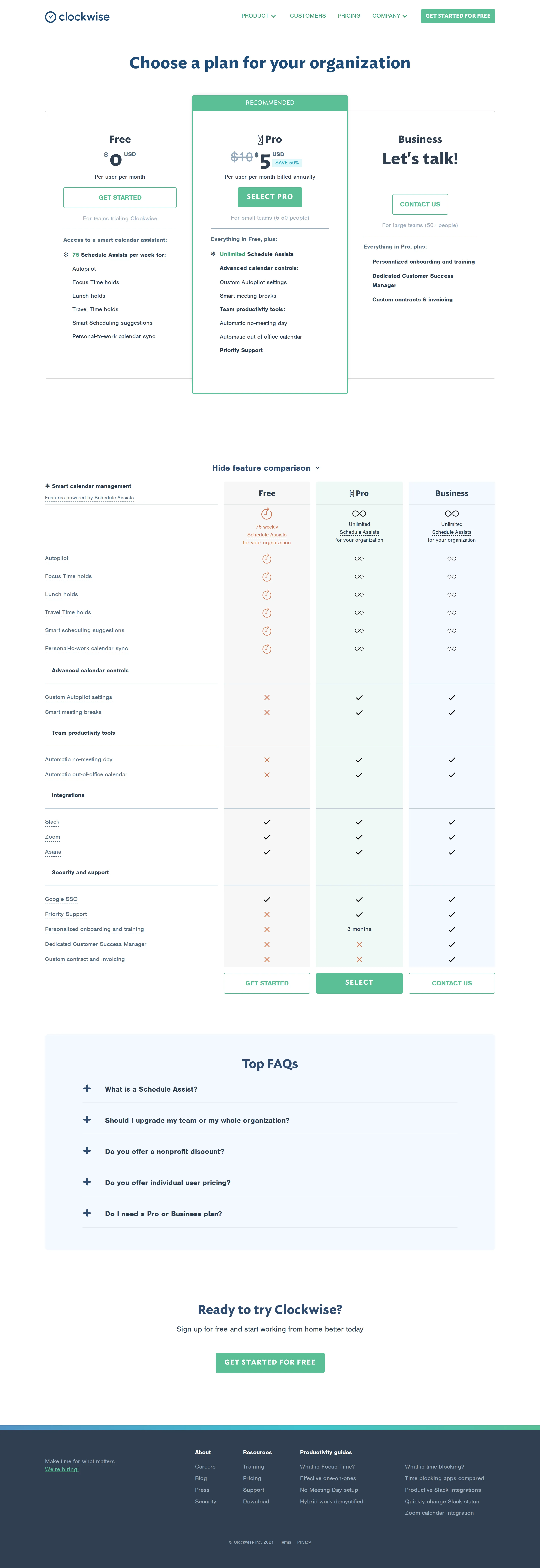 Repackaged to Free / Pro / Business with Schedule Assists metering - The Team tier was replaced by Pro (list $10, shown at $5 with a 'SAVE 50%' annua