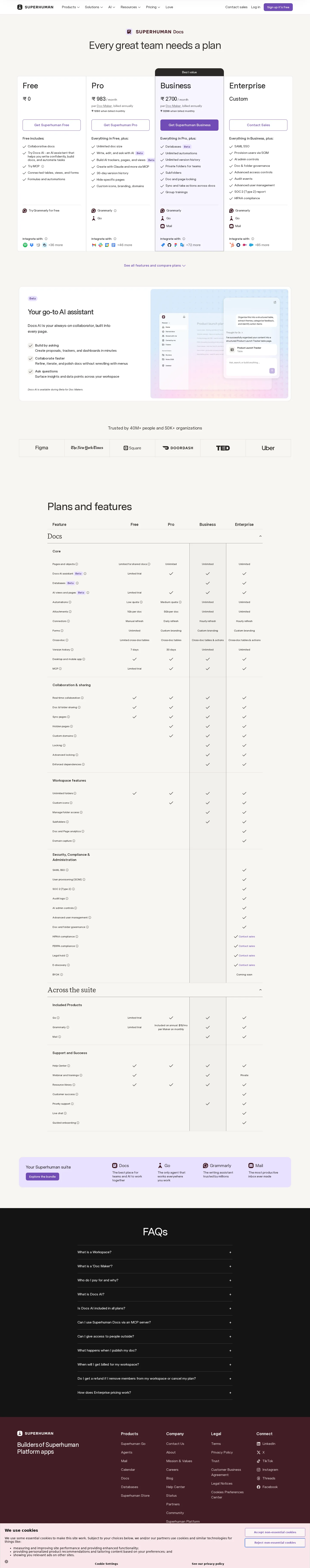 Coda rebrand fully live: coda.io/pricing redirects to Superhuman Docs (INR-localized capture) - coda.io/pricing now redirects to superhuman.com/plans/docs; the product is marke