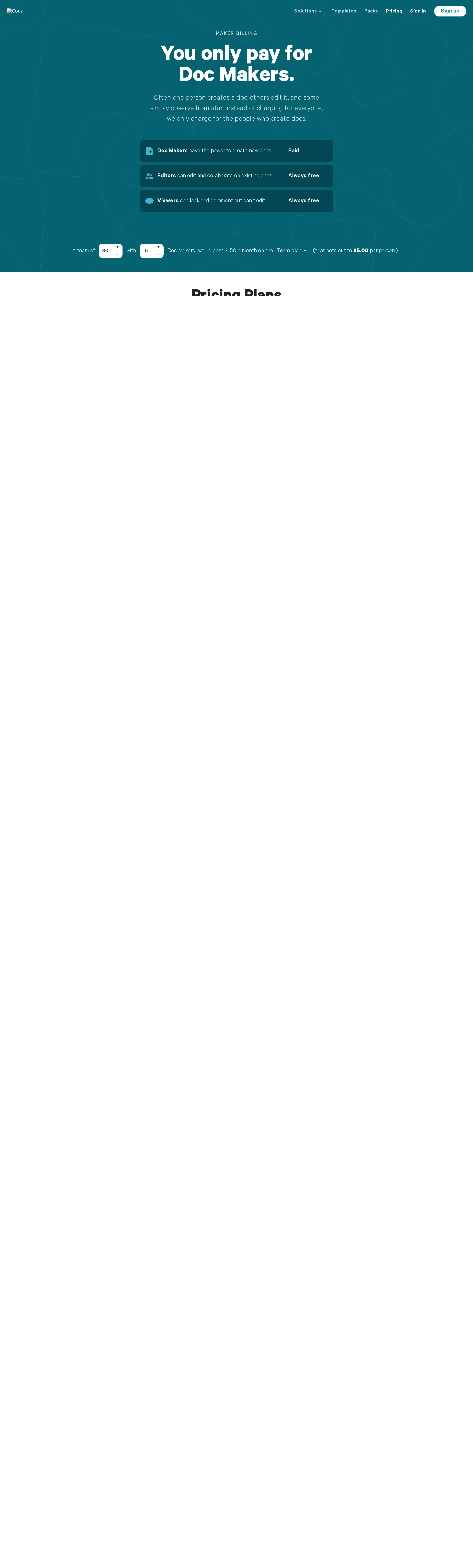 Earliest verified snapshot: 'Maker Billing' already live (Free/Pro/Team/Enterprise) - The earliest legible Wayback snapshot of coda.io/pricing (captured 2019-12-14) s