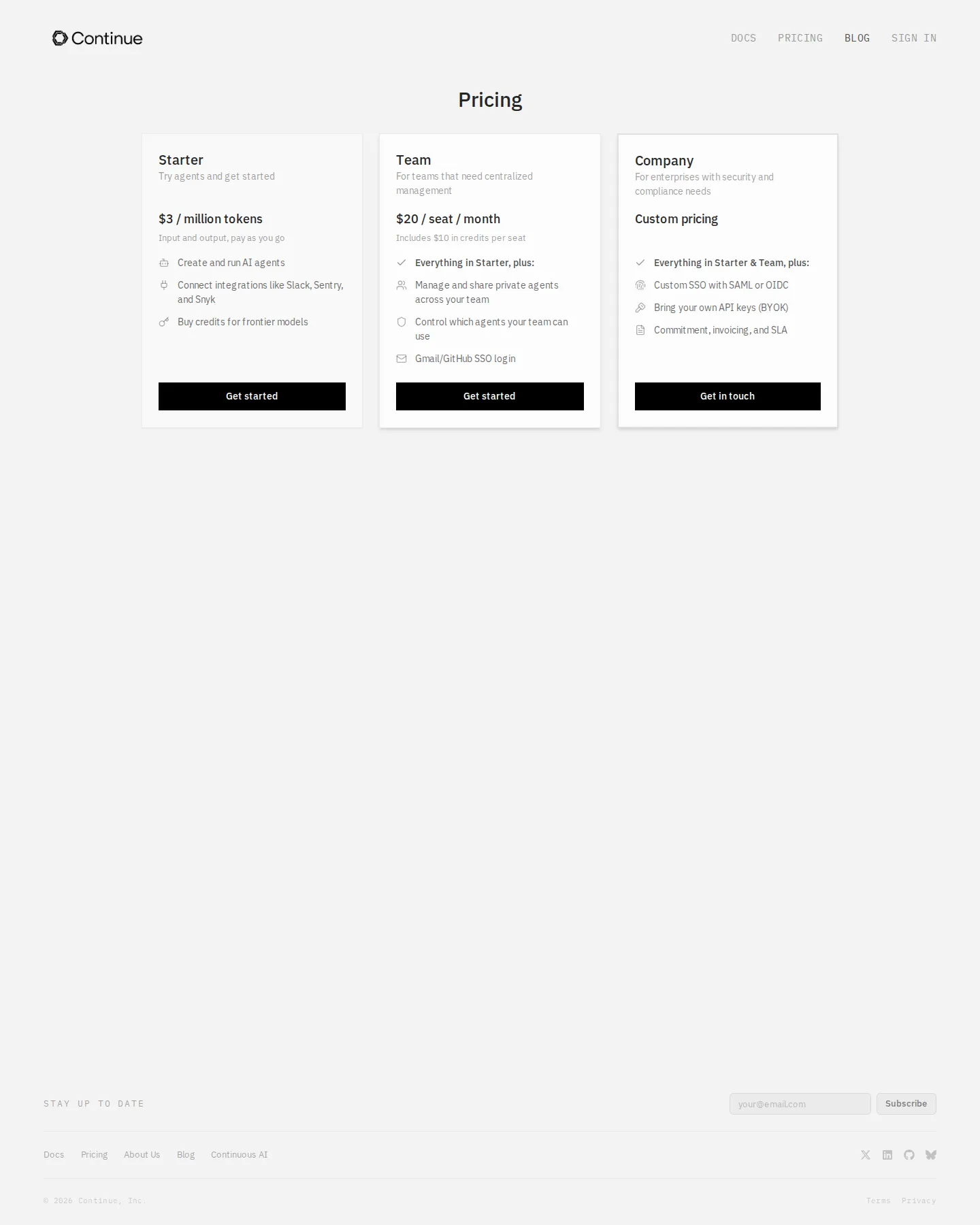 Three-tier plan structure captured - continue.dev/pricing shows Starter at $3/million tokens (PAYG, no monthly fee), 