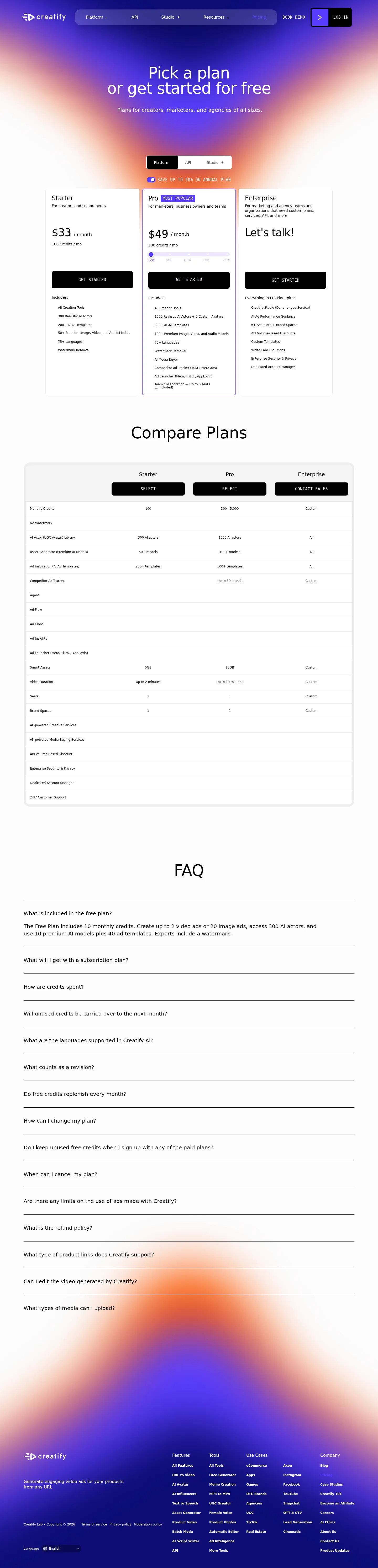Current snapshot captured - Platform plans (Free / Starter $33 / Pro $49 / Enterprise) plus API plans (API S