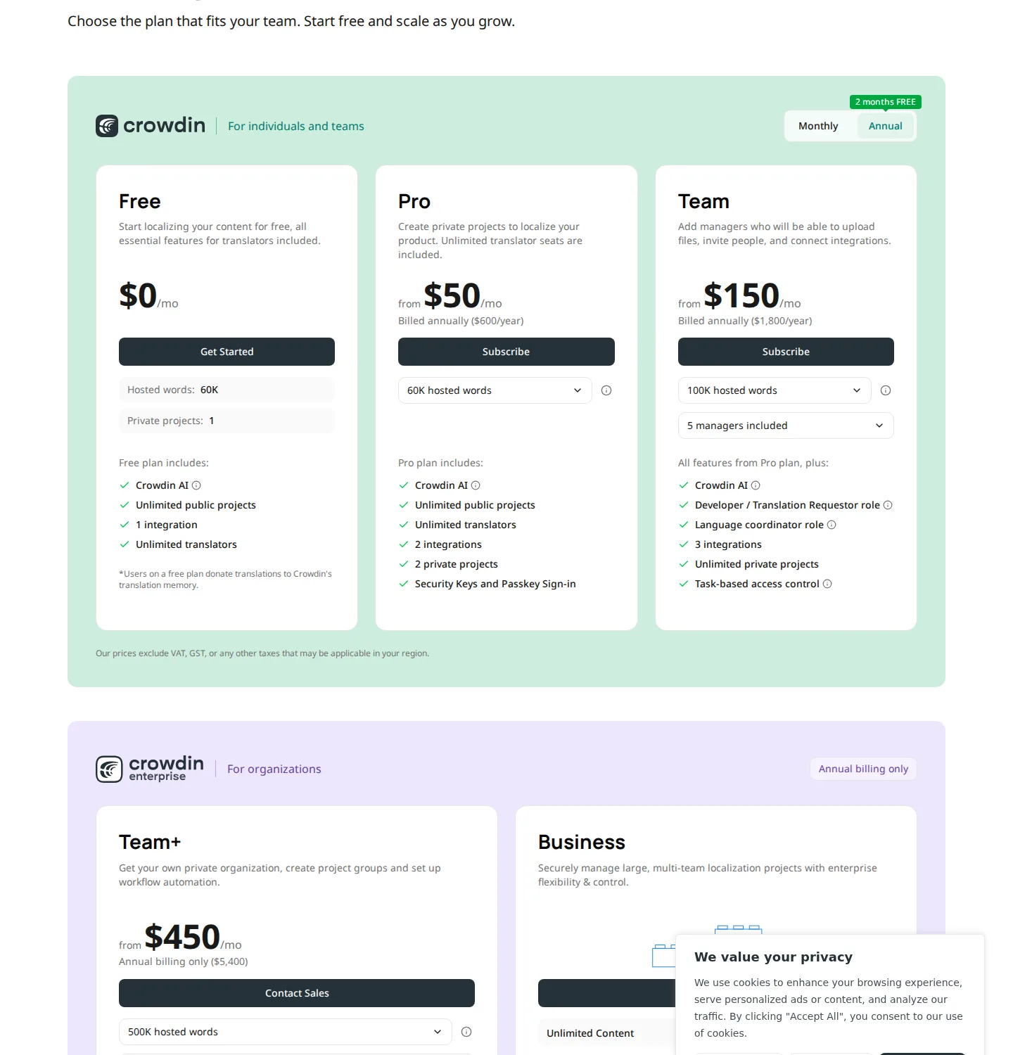 Hosted-words model — current pricing captured - Core line: Free $0, Pro from $50/mo (annual) / $59/mo (monthly), Team from $150/