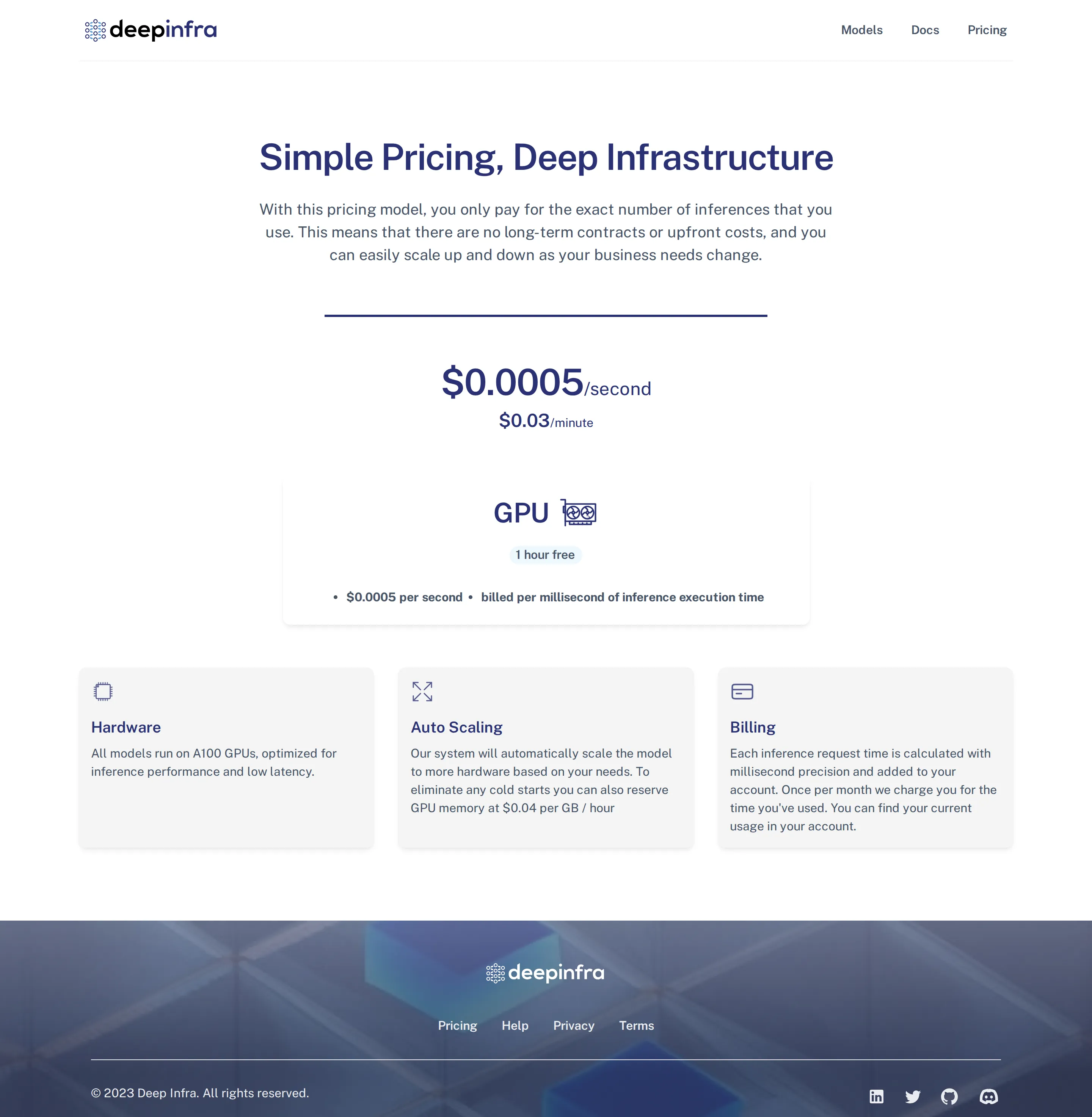Launch: per-second execution-time billing only - Earliest archived pricing page bills purely by inference execution time — $0.000