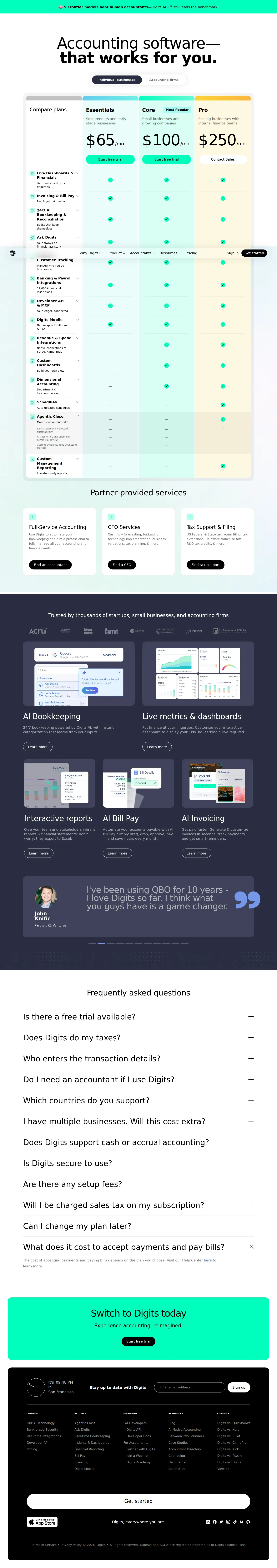 Dual-audience pricing captured (per-entity + per-client) - Individual-business tiers Essentials $65 / Core $100 / Pro $250 per mo per entit
