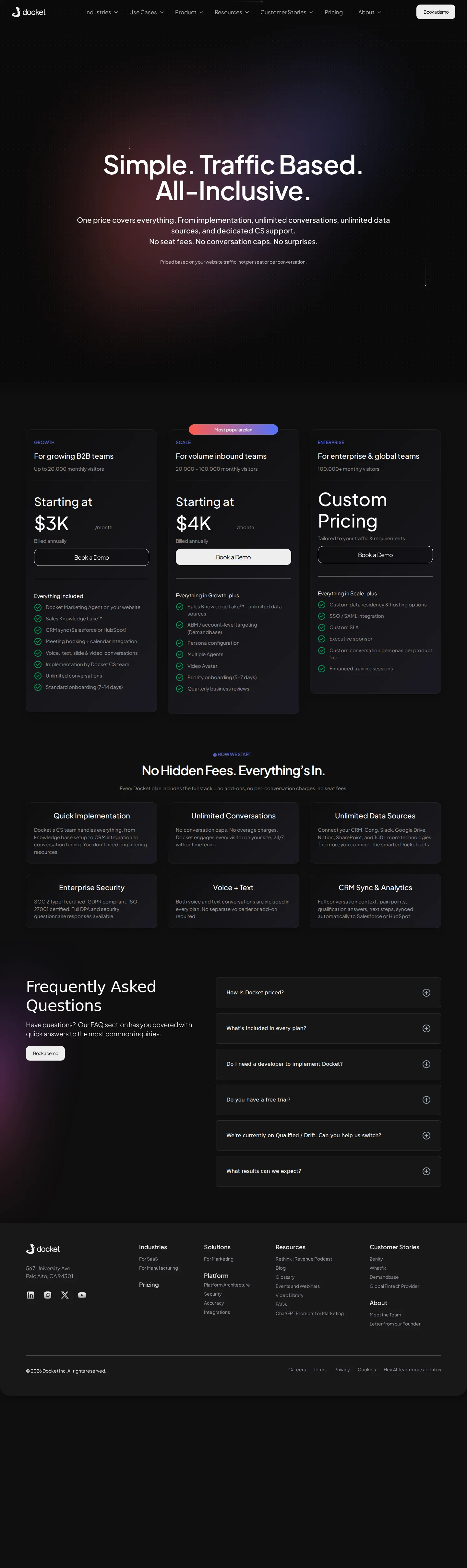 Public traffic-based pricing: Growth $3K, Scale $4K, Enterprise custom - Docket publishes a transparent, all-inclusive rate card metered on monthly websi