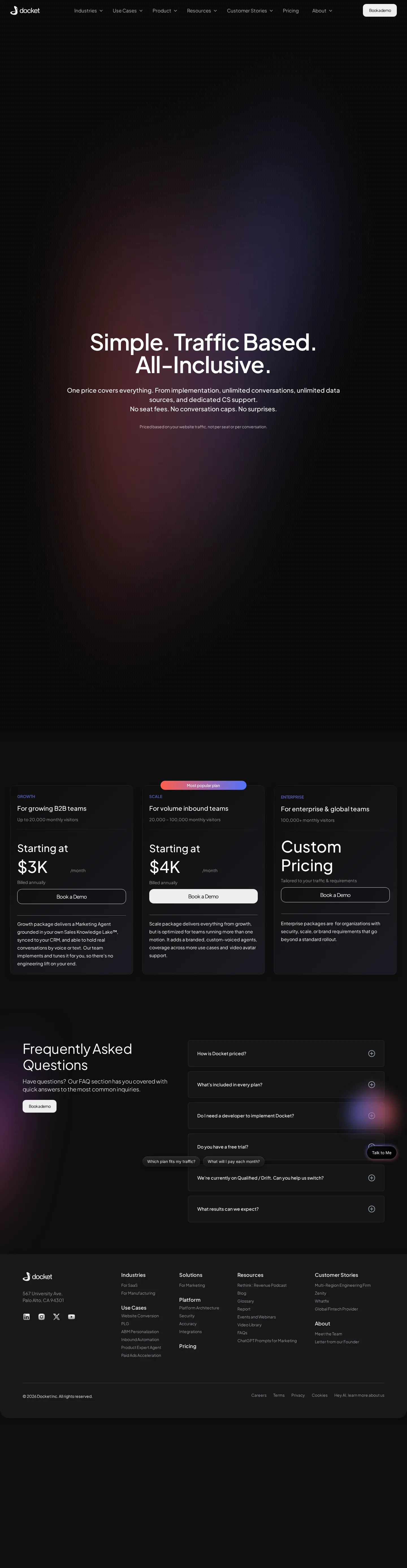 Public traffic-based pricing: Growth $3K, Scale $4K, Enterprise custom - Docket publishes a transparent, all-inclusive rate card metered on monthly websi