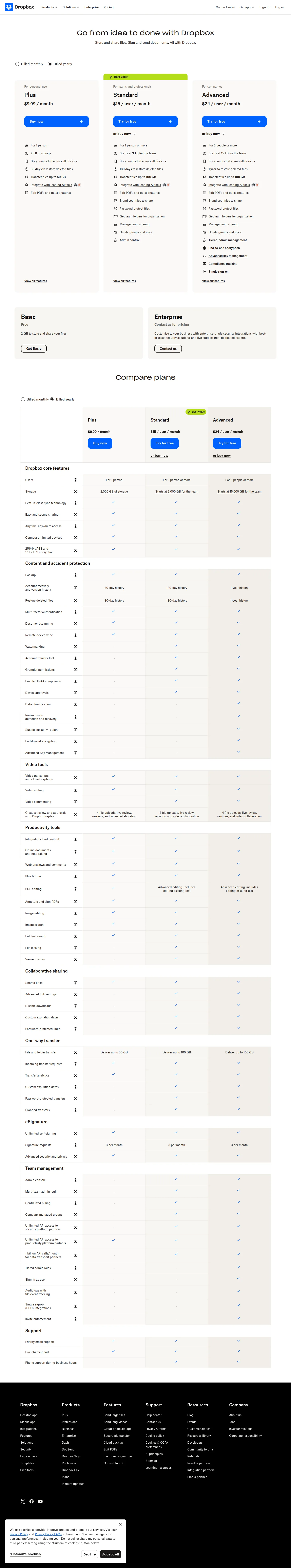 Initial pricing capture - Captured Dropbox's current pricing across core plans (Basic free, Plus $9.99/$11