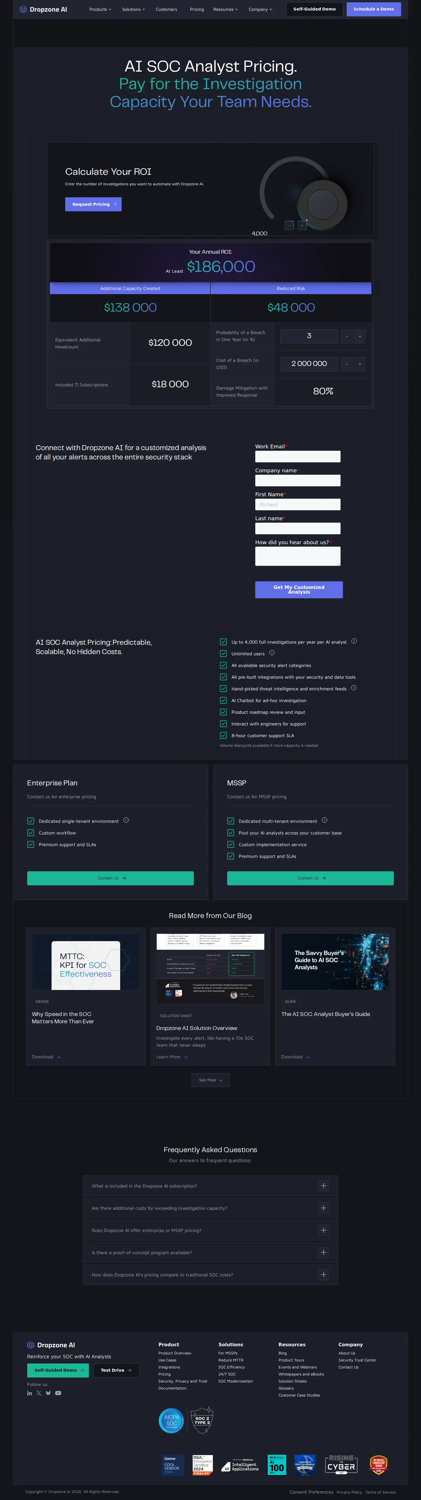 Public price removed — fully sales-quoted - Dropzone AI removed all dollar amounts from the pricing page; the '$36,000' star