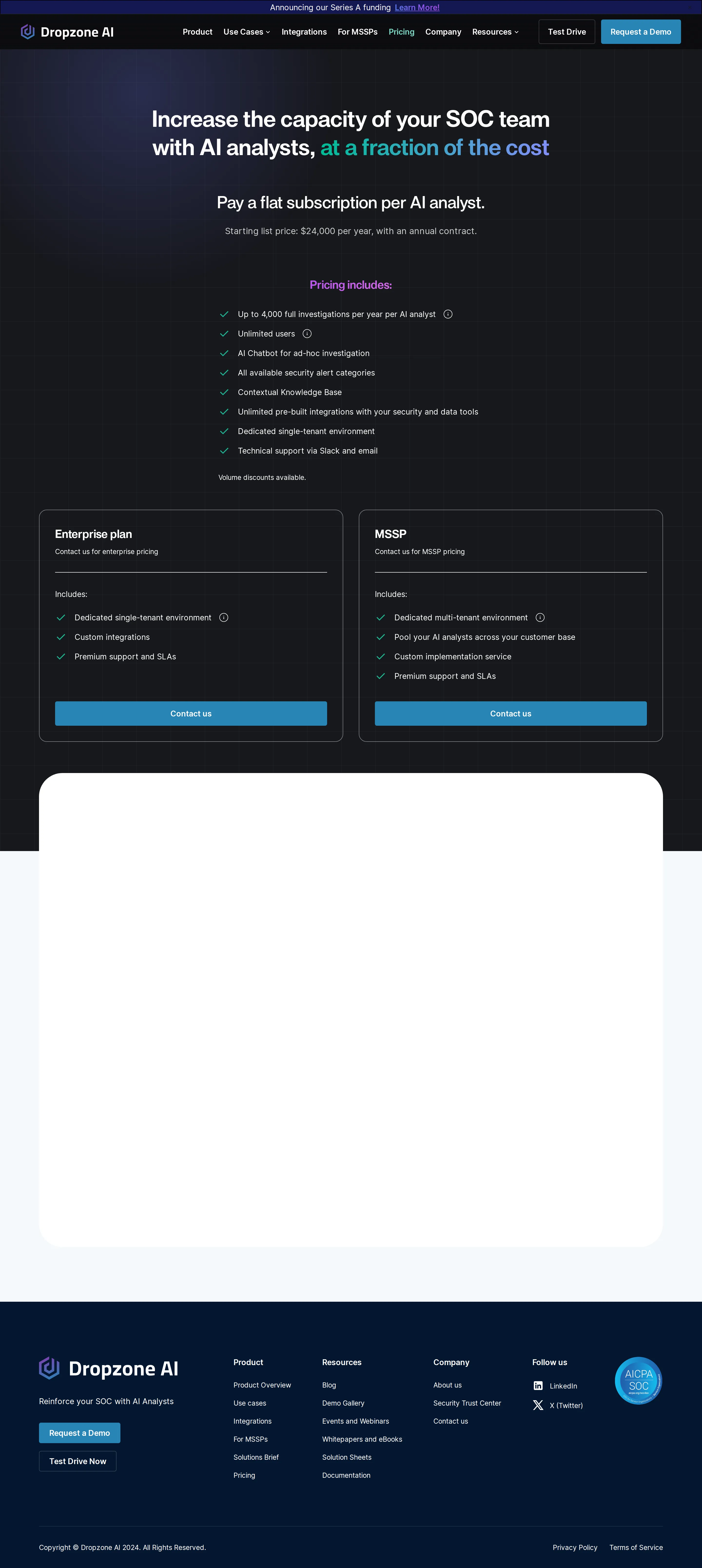 Public list price: $24,000/year per AI analyst - Pricing page published a 'Starting list price: $24,000 per year, with an annual 