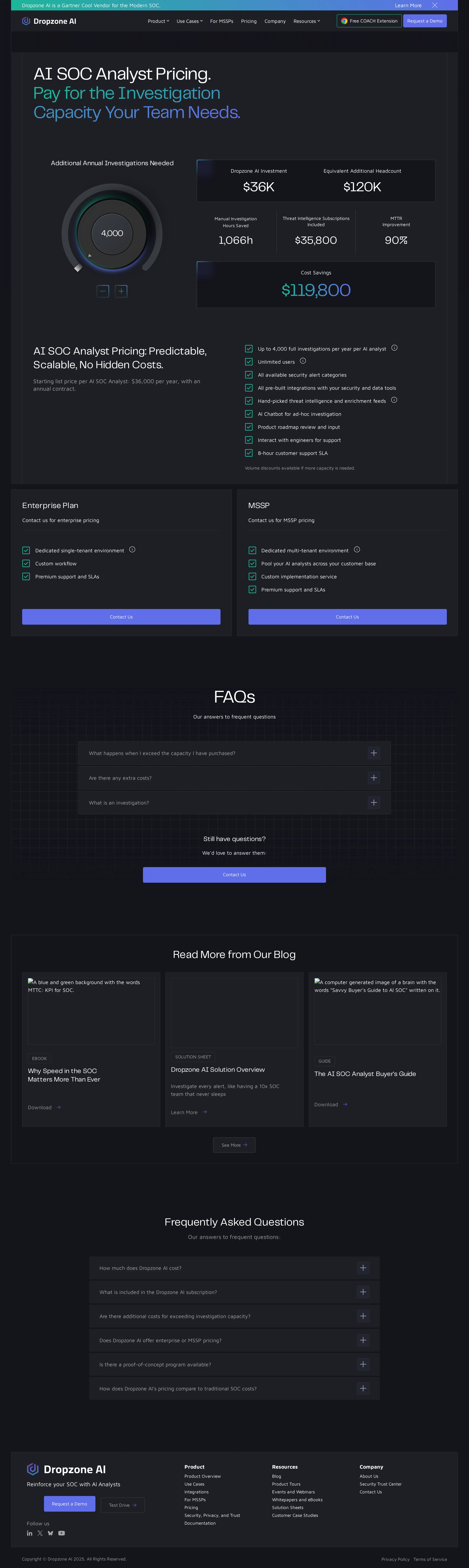 Redesigned 'investigation capacity' page, $36,000 list price retained - Page relaunched under the headline 'AI SOC Analyst Pricing — Pay for the Investi