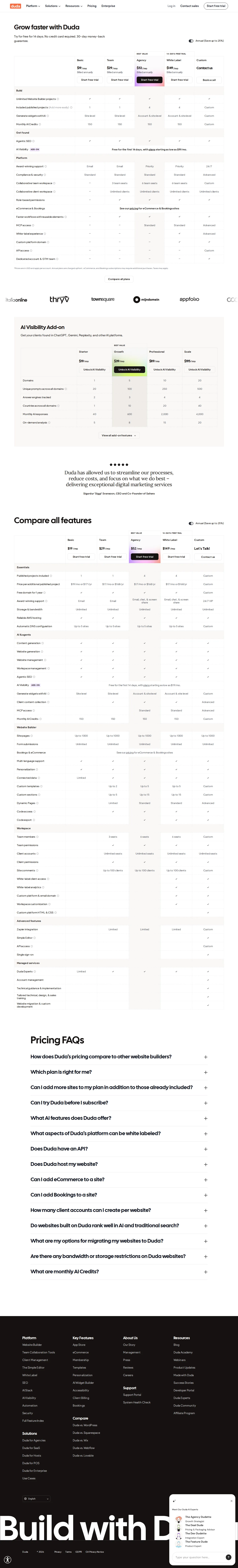 Current plan structure captured with AI Visibility + eCommerce add-ons - Base plans unchanged at $19/$29/$52/$149 annual ($25/$39/$69/$199 monthly). A se