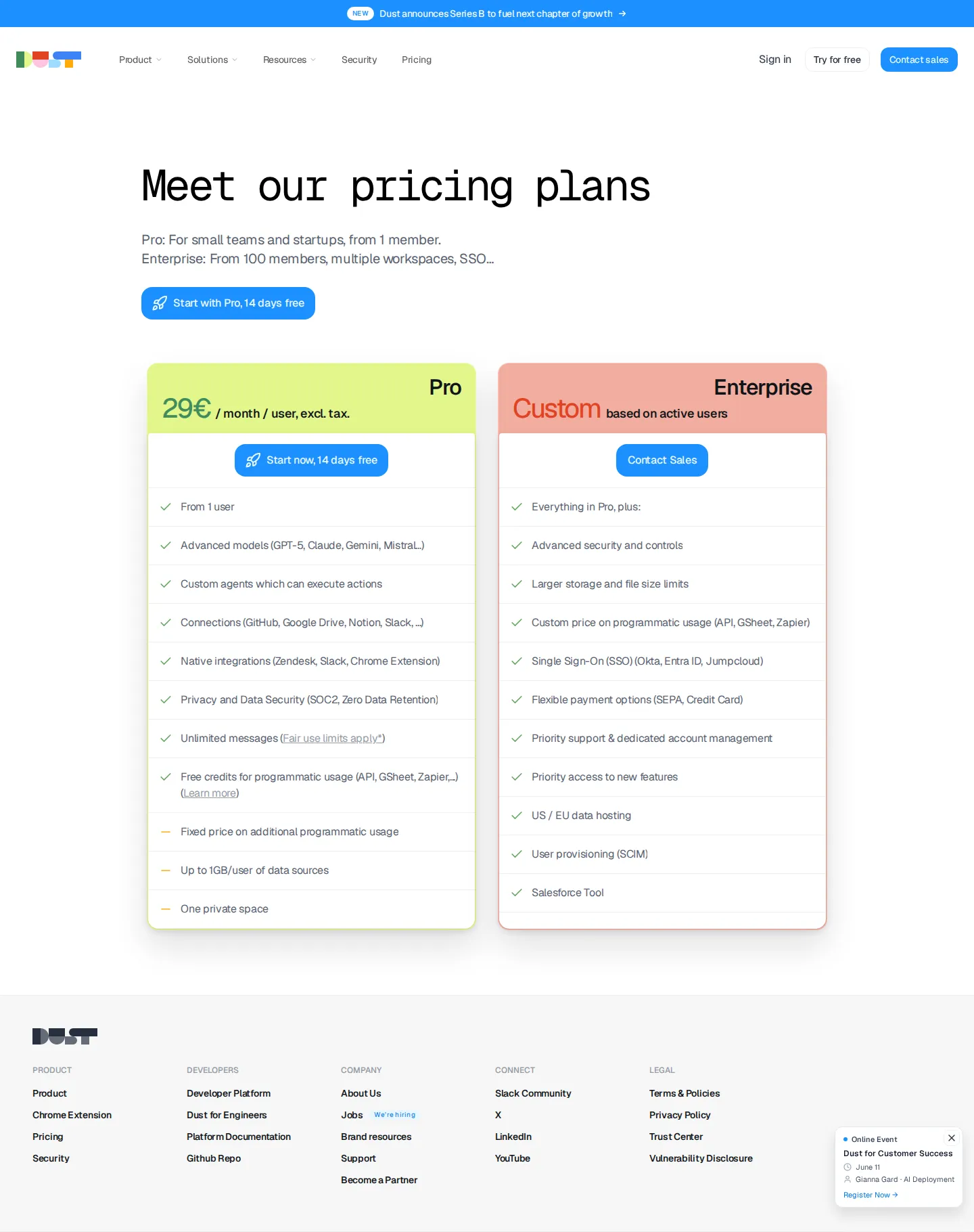 Pro holds at 29€/user; Enterprise custom on active users - Live capture: Pro 29€/month/user excl. tax (14-day free trial, from 1 user) with
