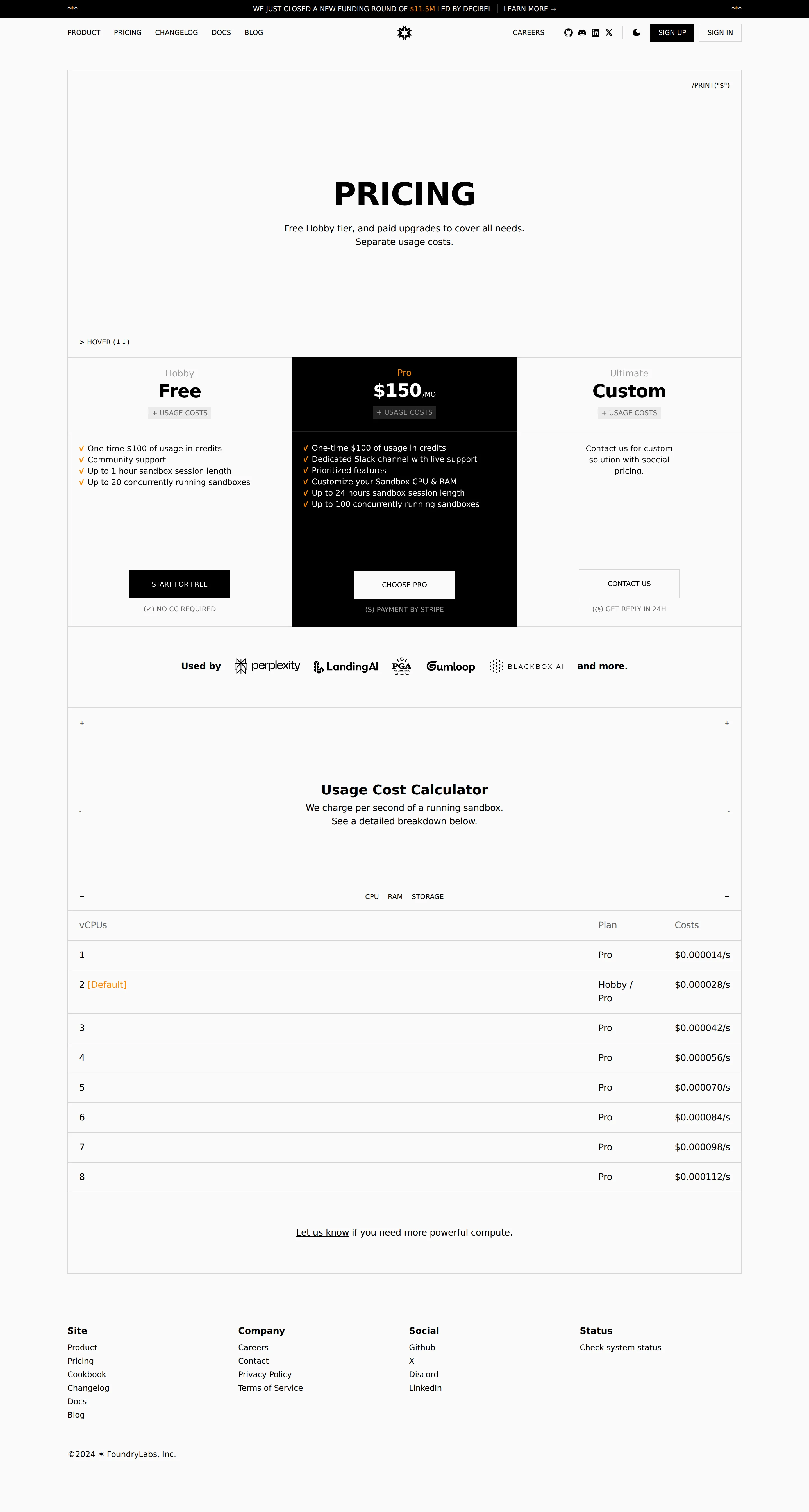 Three-tier structure: Hobby free / Pro $150/mo / Ultimate Custom - Wayback snapshot (2024-12) shows the freemium-plus-usage structure already in pl