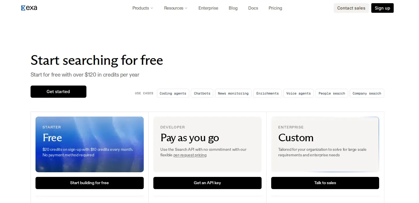 Pricing page restructured into Starter / Developer / Enterprise account tiers with explicit rate limits - The single Free-Tier card plus a separate Enterprise block was replaced with a t