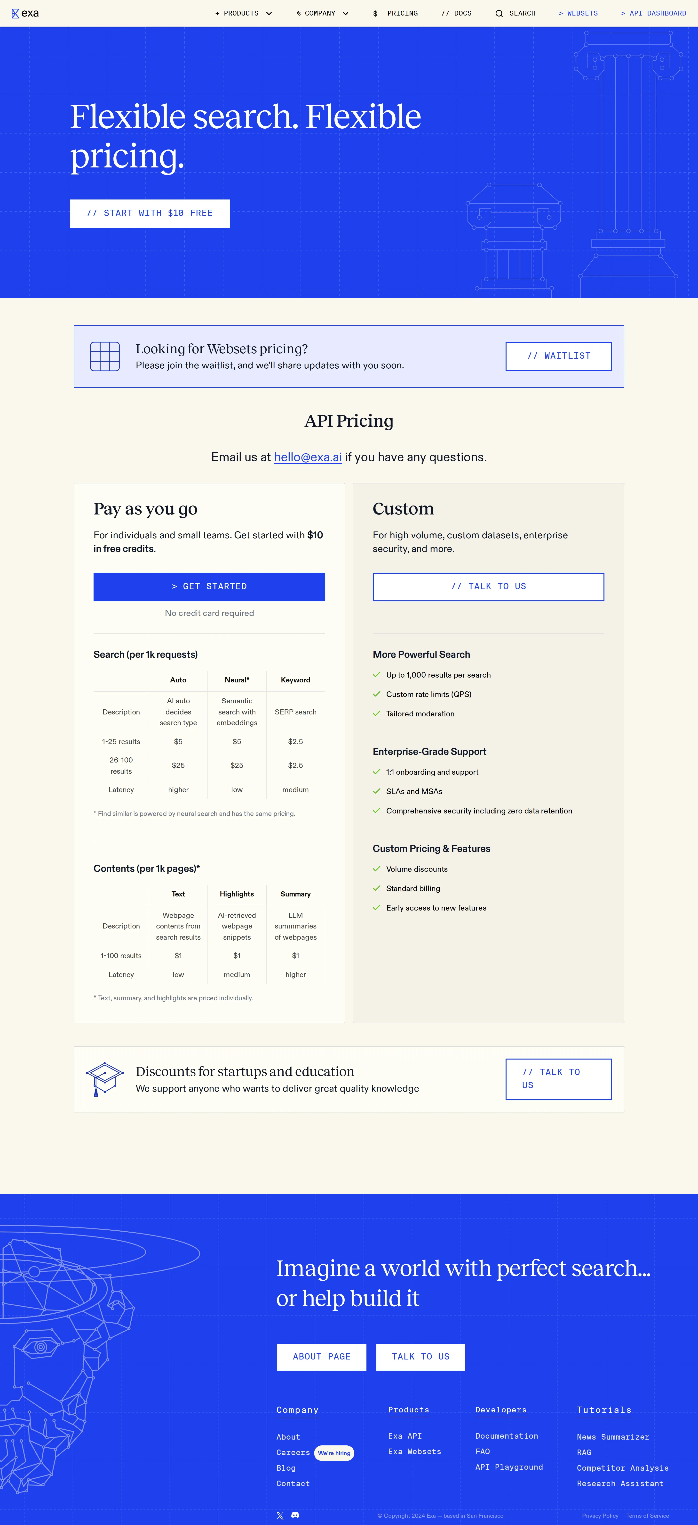 Structured 'API Pricing' tables and a Websets toggle - The page reorganized into an 'API Pricing' block with a Search (per 1k requests)