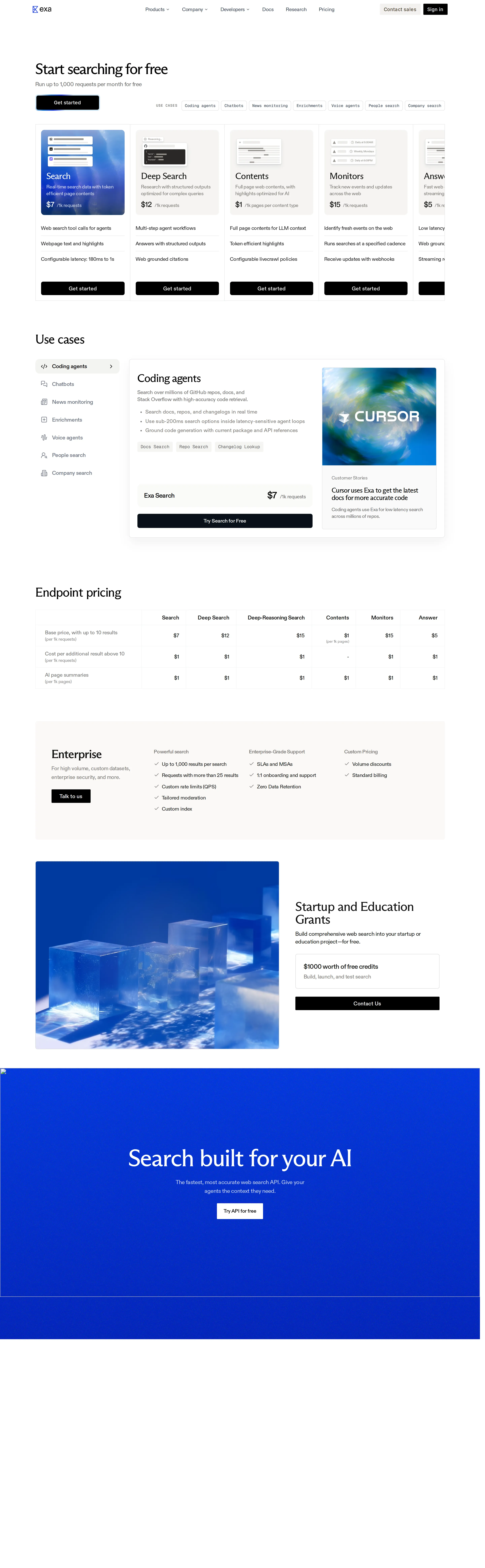 Endpoint-card redesign; base Search raised to $7/1k - The page moved to per-endpoint cards at the current rates: Search $7/1k requests