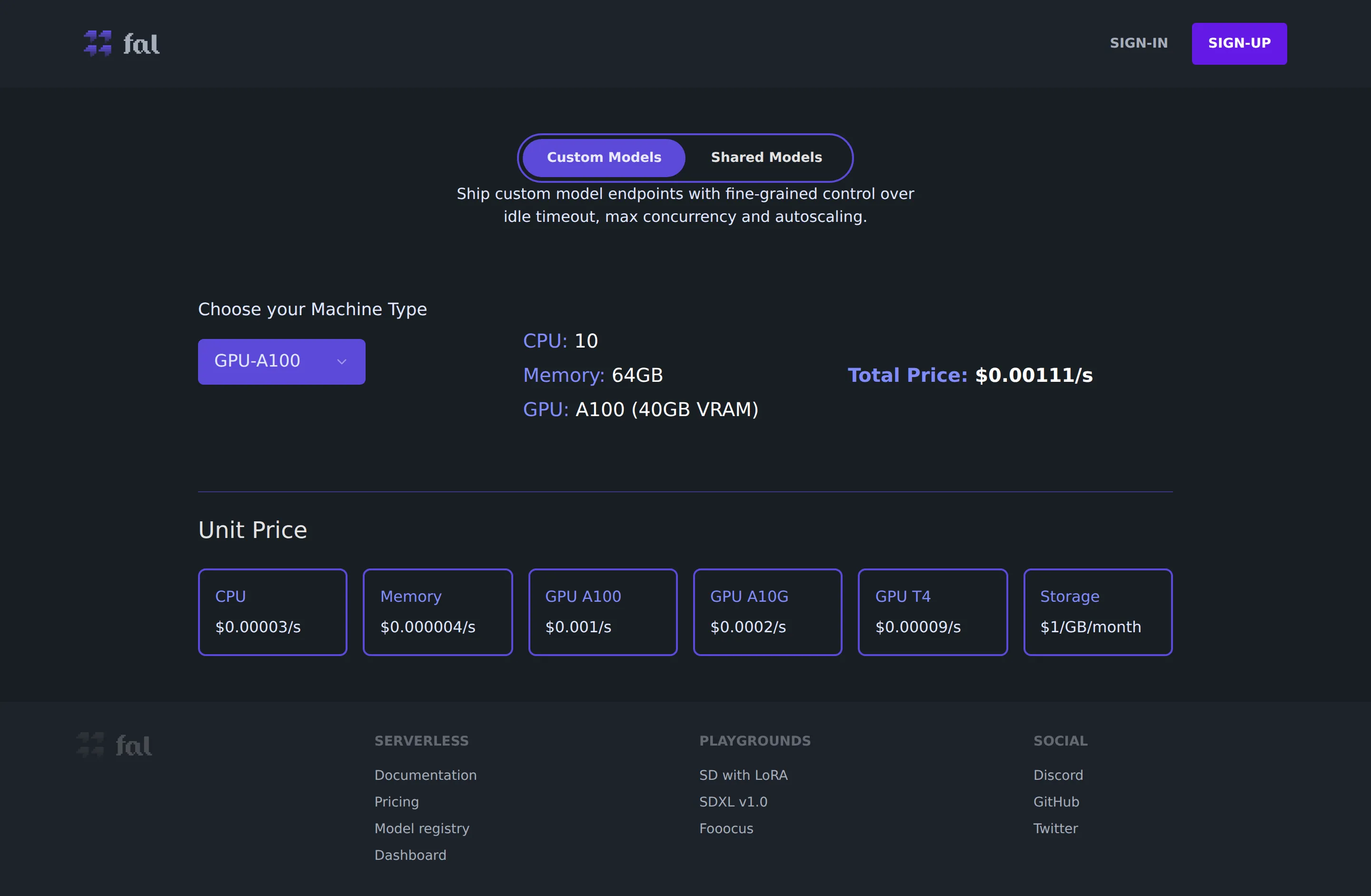 Raw per-second unit pricing - fal's earliest captured pricing billed compute by raw unit-second: CPU $0.00003/