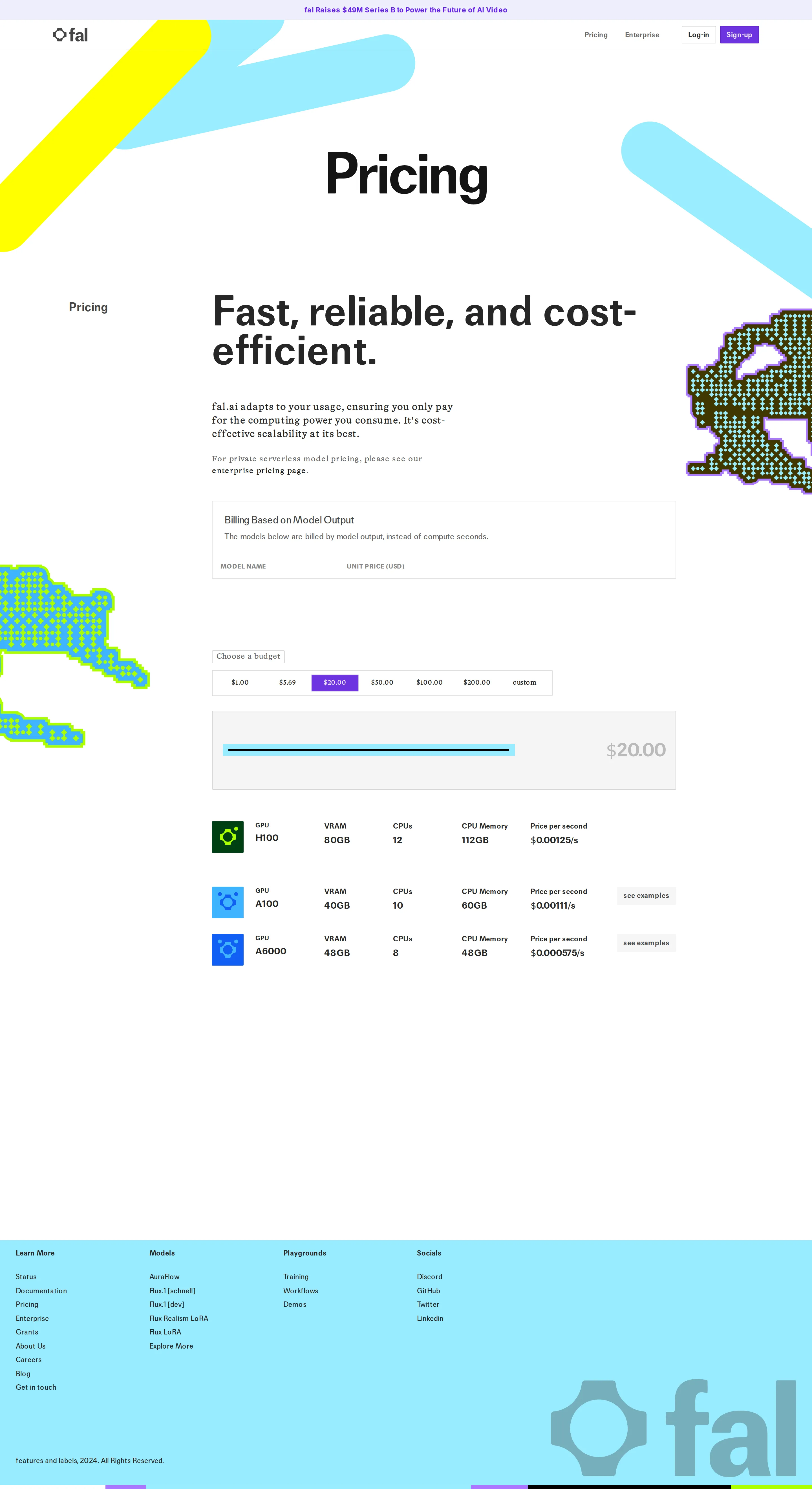 $49M Series B + pricing hero redesign - A site banner announced 'fal Raises $49M Series B to Power the Future of AI Vide
