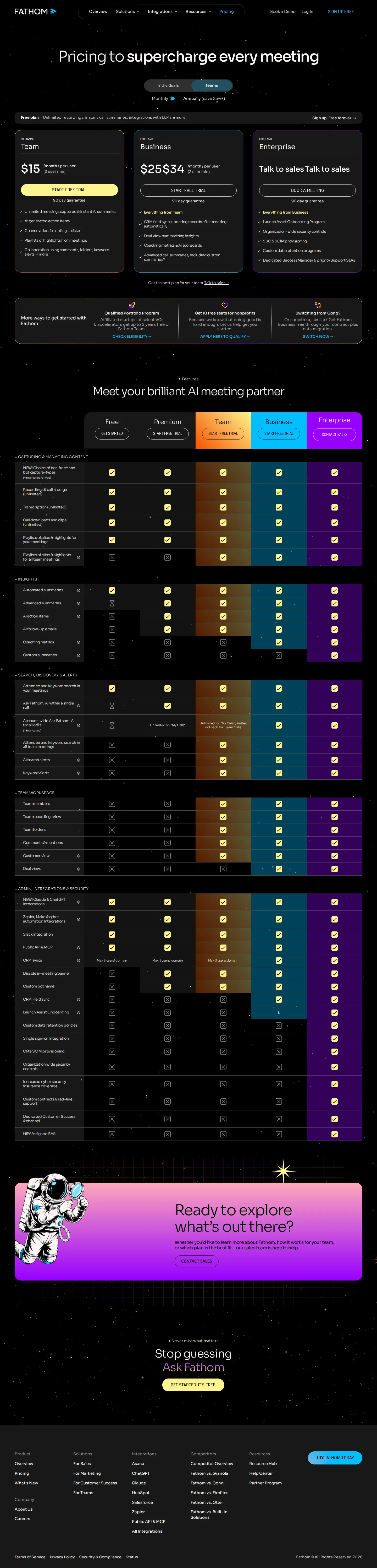 Enterprise tier added; SSO and data retention move out of Team/Business - Fathom's pricing page added a fourth paid tier — a quote-only Enterprise plan ('