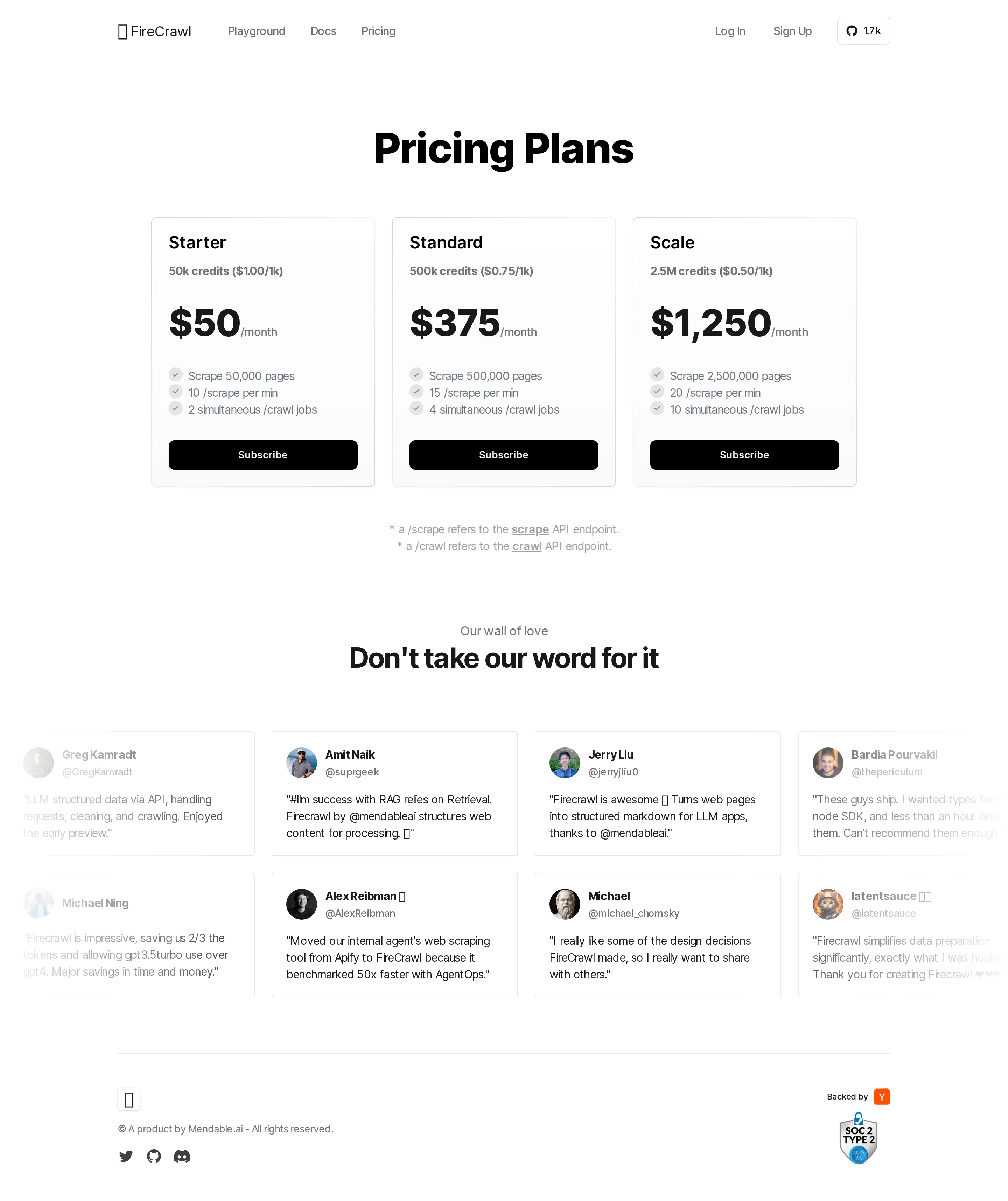 Mendable-era credit packs (no free tier) - Earliest archived /pricing (Wayback 2024-04-25, then 'A product by Mendable.ai')