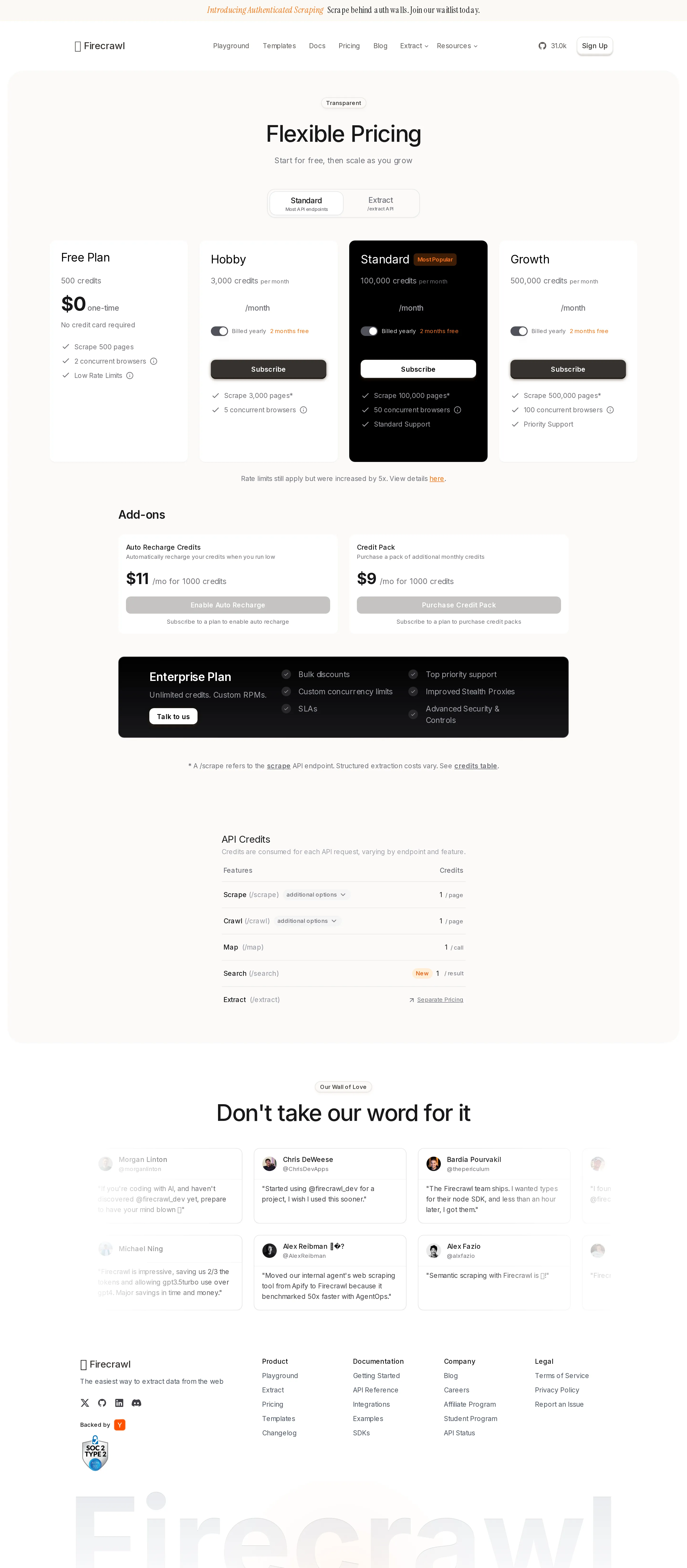 Standard / Extract pricing split; concurrency reframed - Wayback 2025-07-07 split the pricing page into 'Standard' (most API endpoints) a