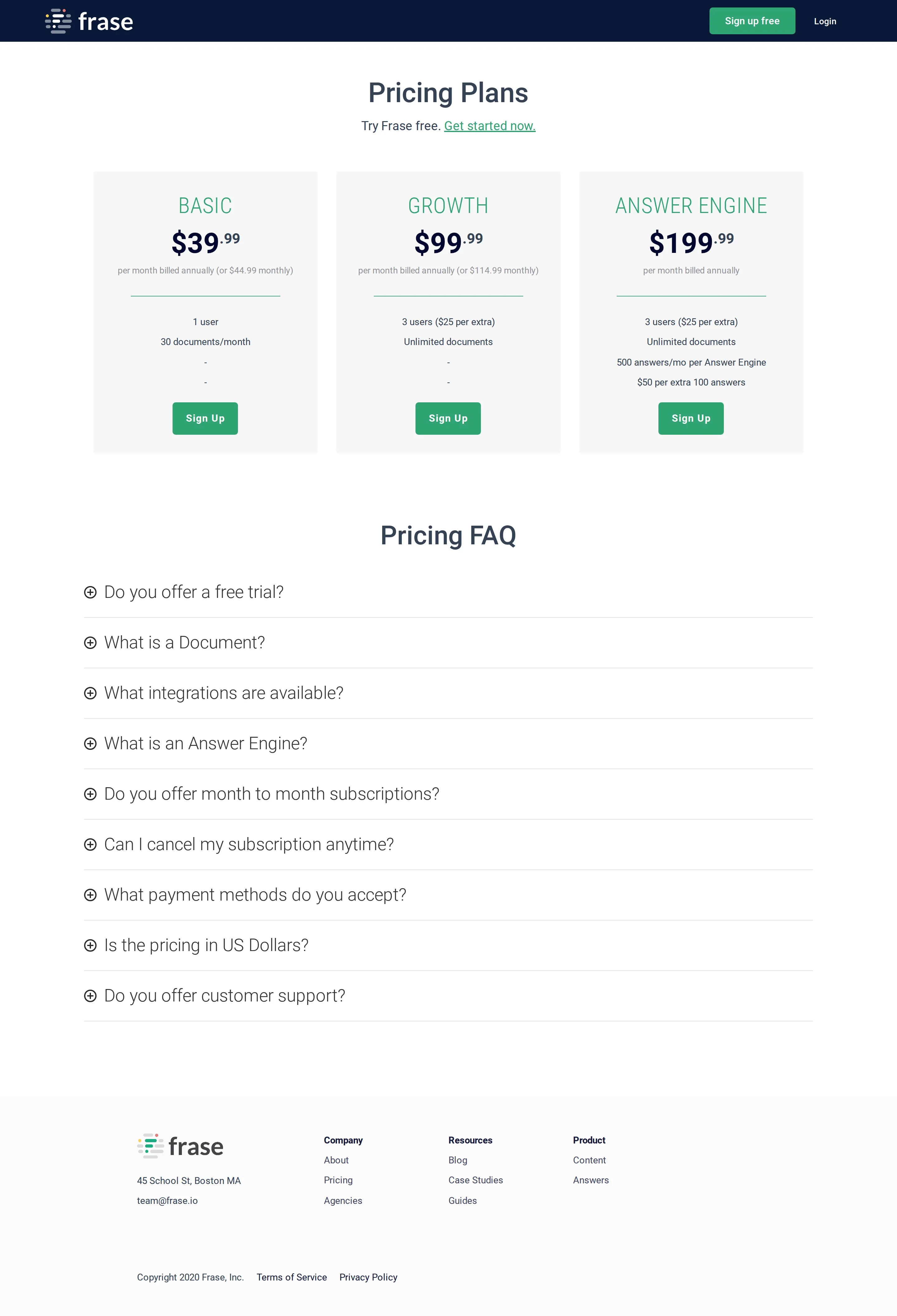 Document credits + Answer Engine (two products) - Earliest archived Frase pricing ran two product lines side by side. Frase Conten
